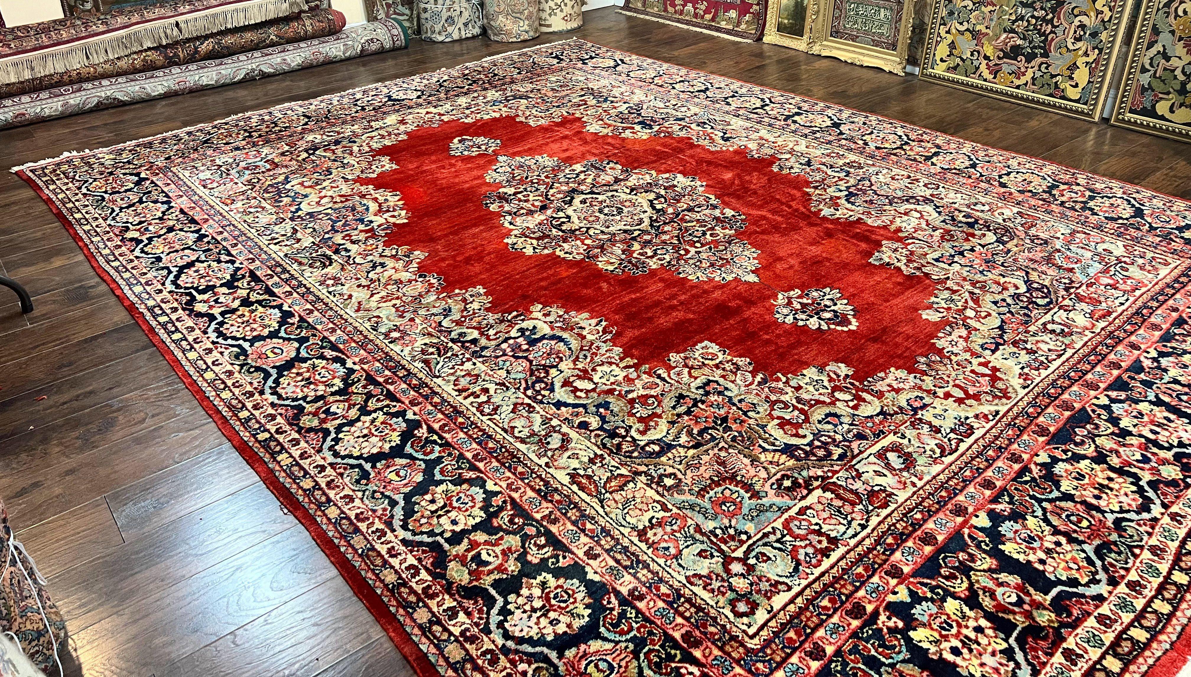 Persian Sarouk Rug 11x14, Semi Open Field, Large Antique Persian Wool Handmade Carpet, Red and Dark Blue, Floral - Jewel Rugs