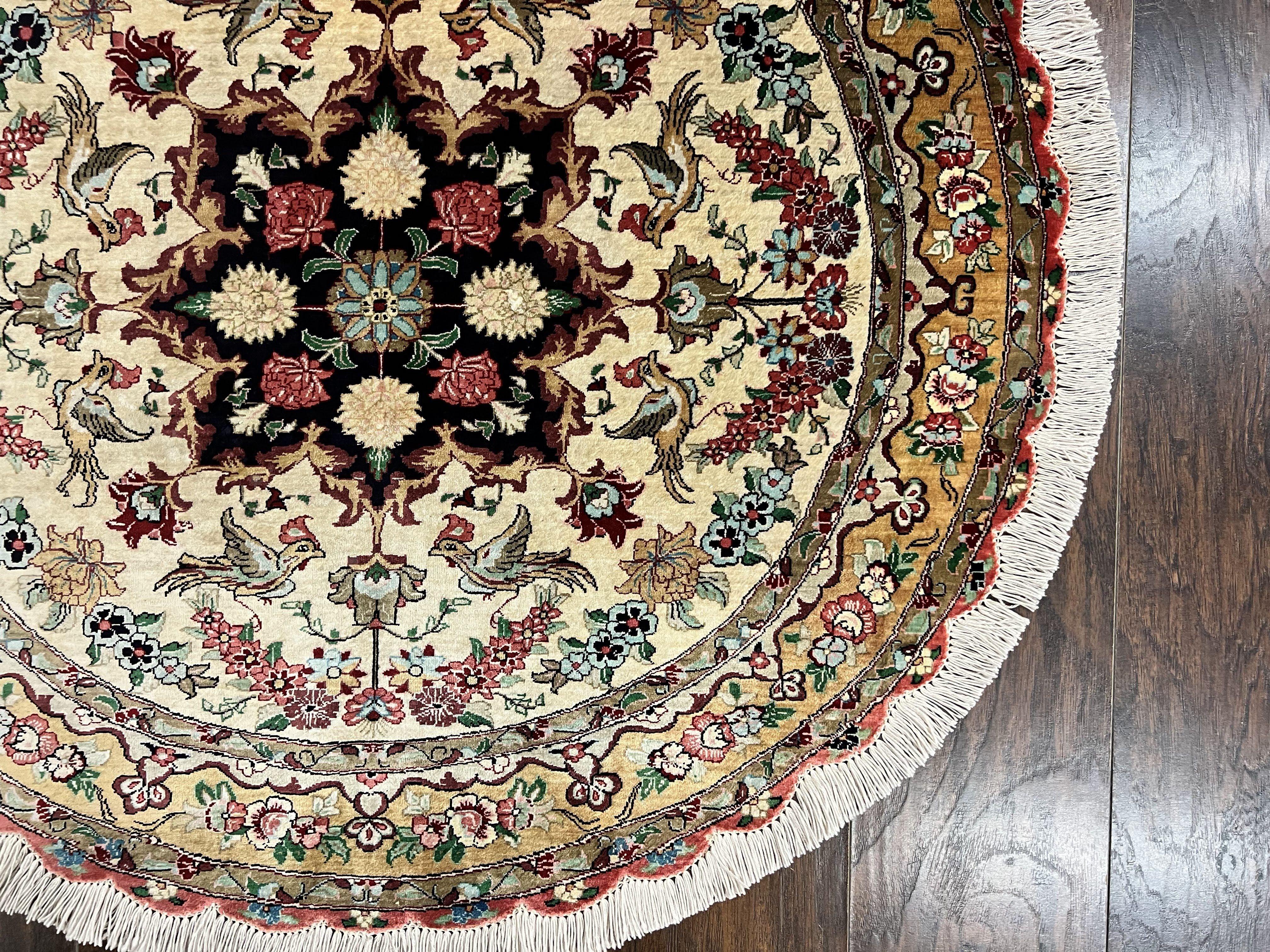 Silk Persian Tabriz Round Rug 3x3 ft, Very Fine Hand Knotted Carpet 380 KPSI, Cream & Gold, Bird Pictorials, Floral, Rare - Jewel Rugs