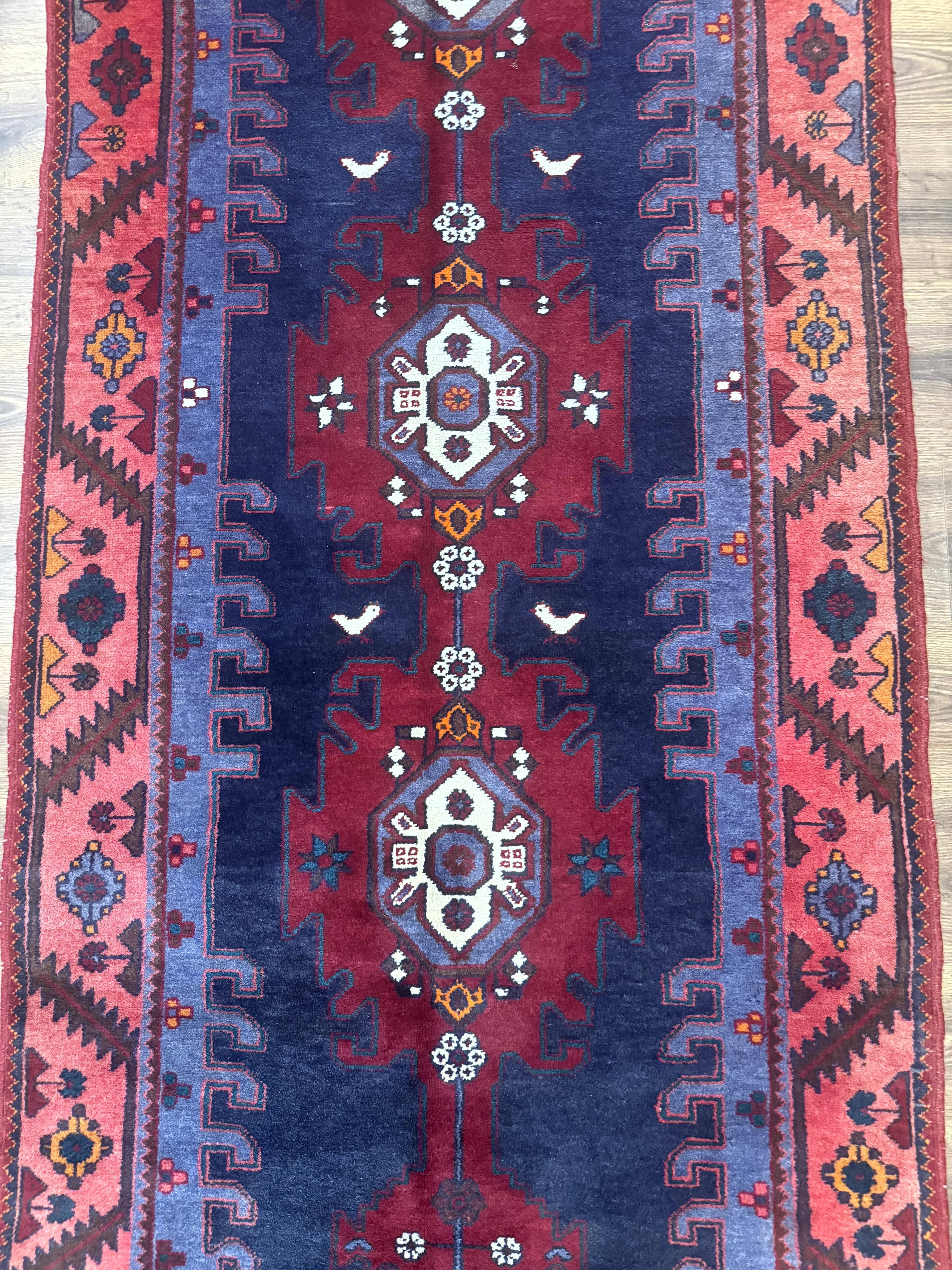 Persian Karajeh Runner Rug 3.6 x 9.5, Geometric Medallions, Tribal Village Rug, Navy Blue, Handmade - Jewel Rugs