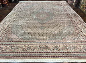 Pak Persian Rug 12x15, Wool & Silk Hand Knotted Vintage Carpet, Mahi Herati Pattern, Beige, Traditional Oversized Extra Large Oriental Rug