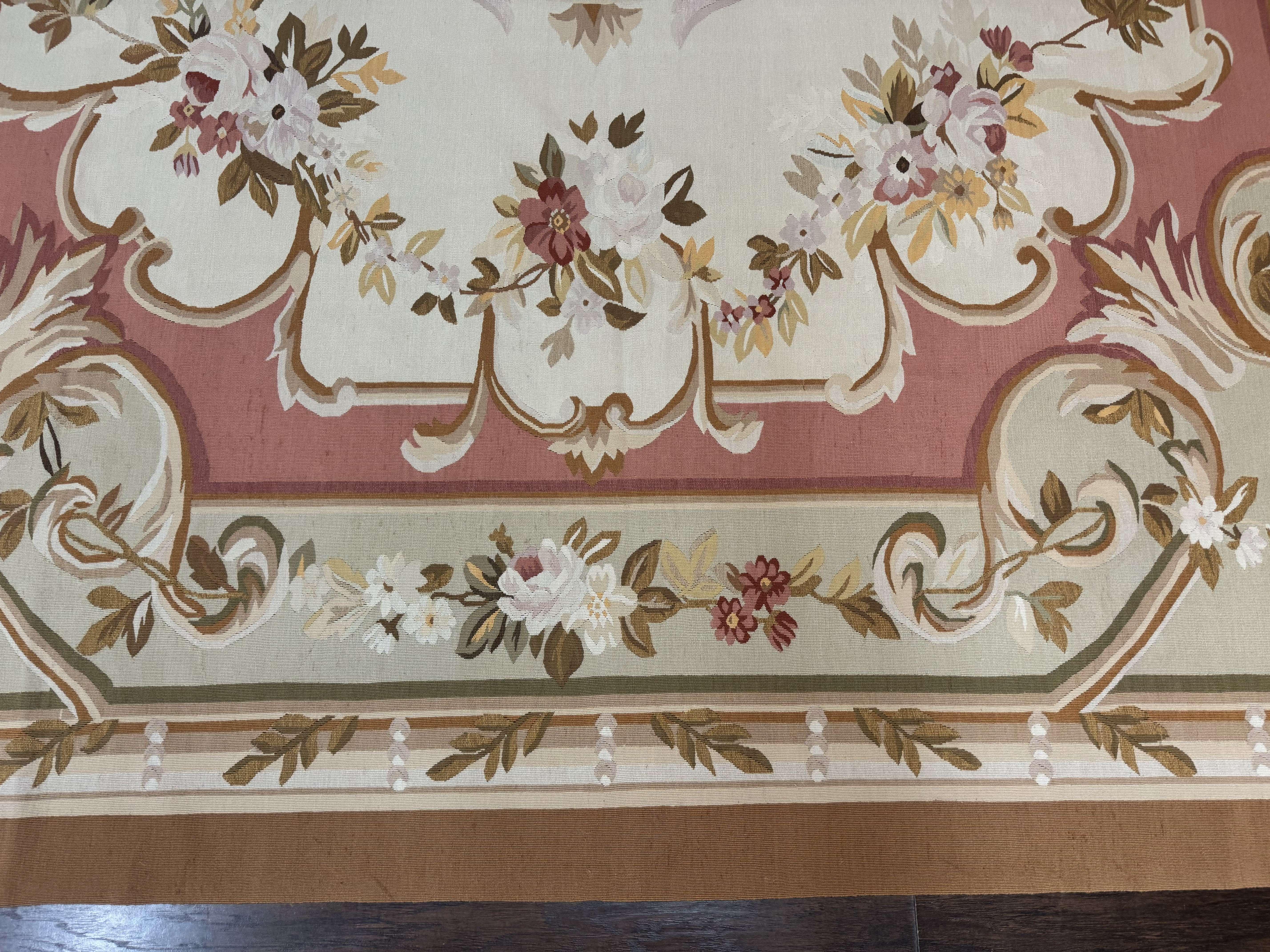 French Aubusson Rug 10x14, Vintage Flatweave European Handmade Carpet, Ivory LIght Blue Pink, Large Aubusson Rug - Jewel Rugs