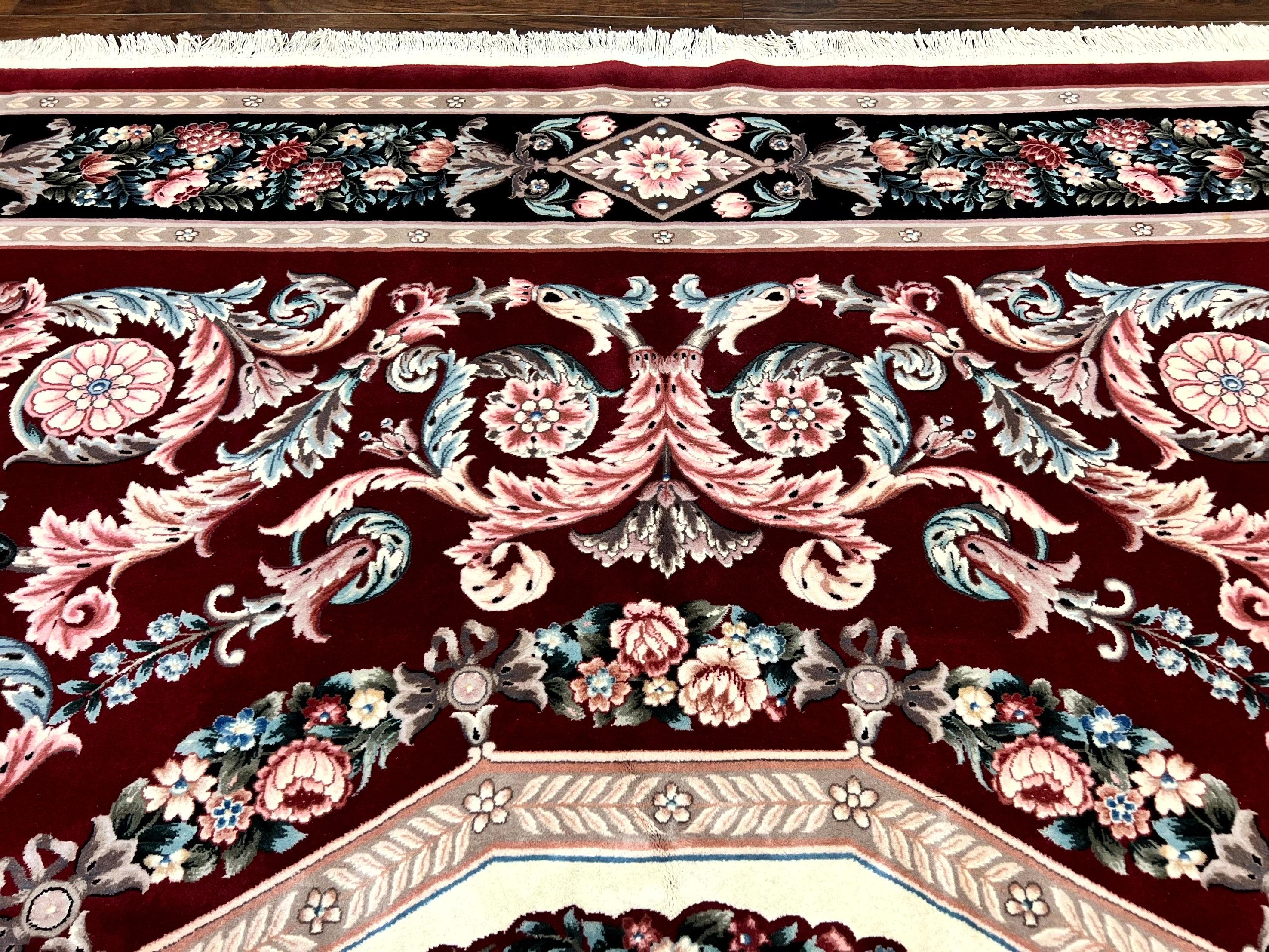 Chinese Aubusson Rug 9x12, Burgundy, Handmade Vintage Wool Carpet, Fine 210 KPSI, Elegant European Design - Jewel Rugs