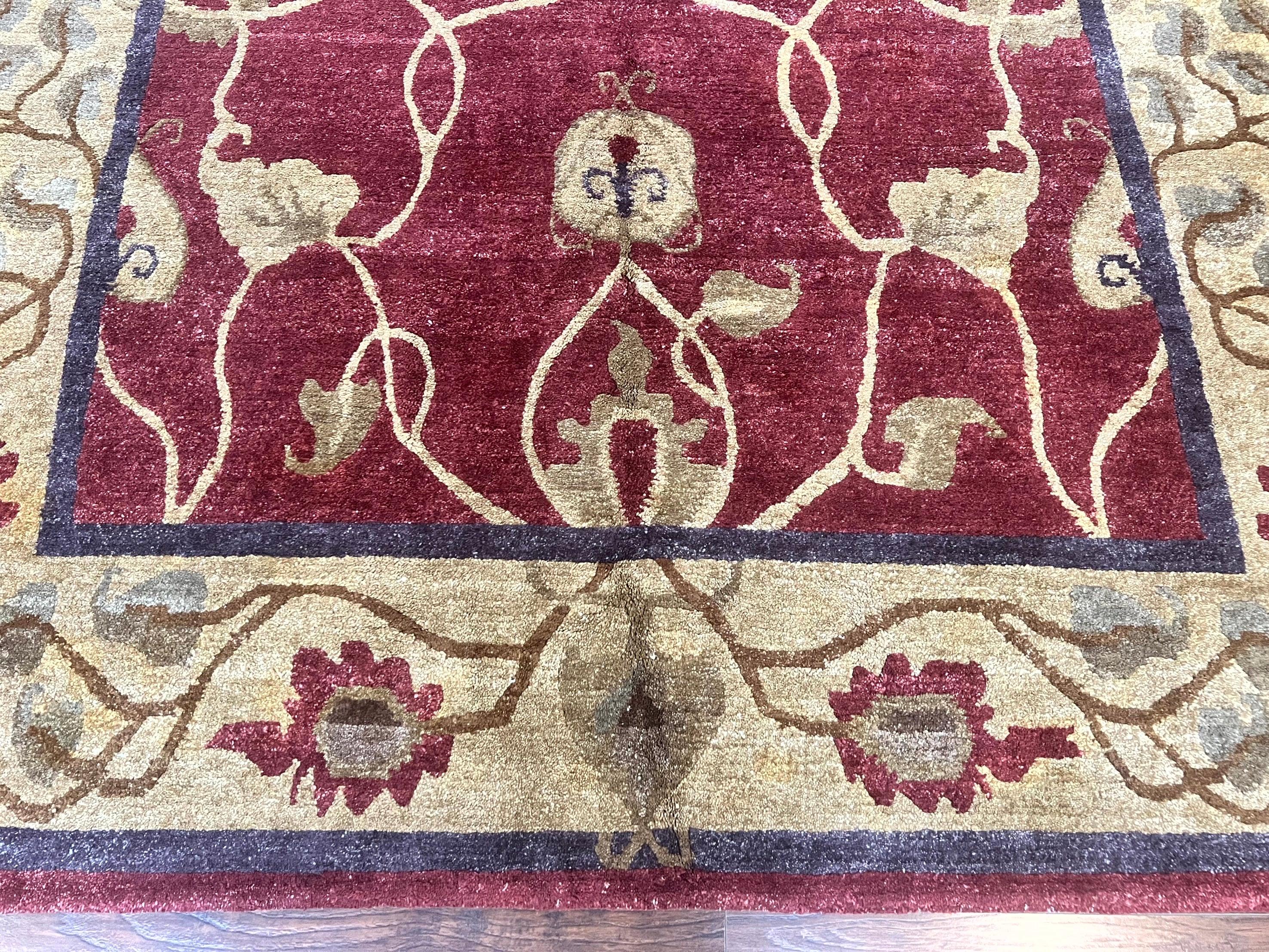 Tibetan Aubusson Rug 8x10, Maroon and Beige, Floral, Handmade, Wool, Vintage, Traditional Rug - Jewel Rugs
