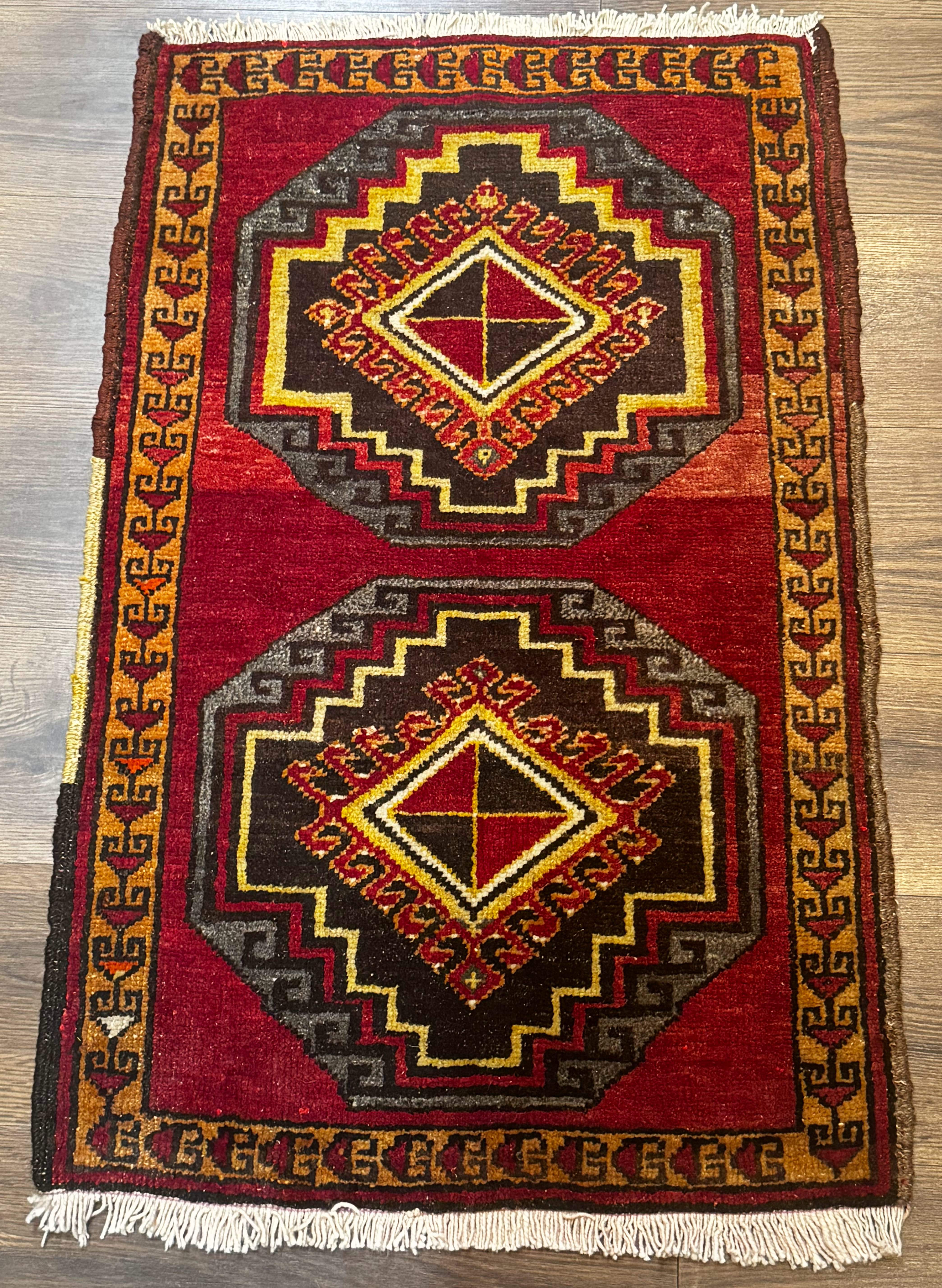 Small Antique Turkish Yastik Rug 2x3, Double Medallions, Geometric, Red, Wool - Jewel Rugs
