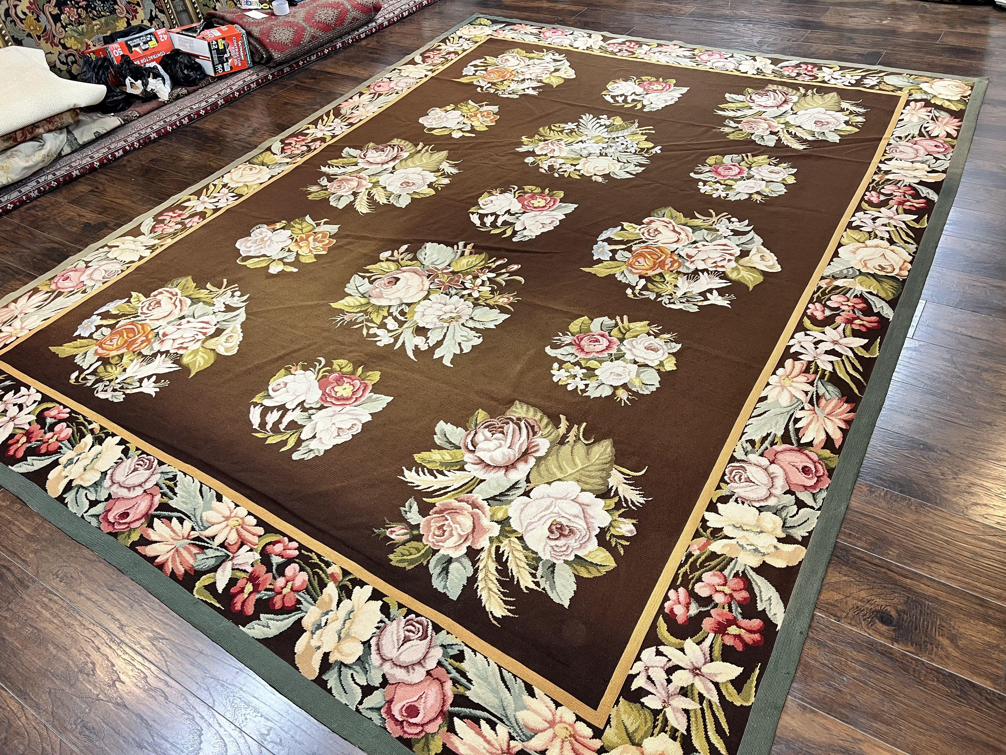 Vintage Needlepoint Rug 9x12, Large Handmade Hand-woven Needlepoint Carpet, Brown Area Rug, Floral Bouquets, Wool Rug, European Design - Jewel Rugs
