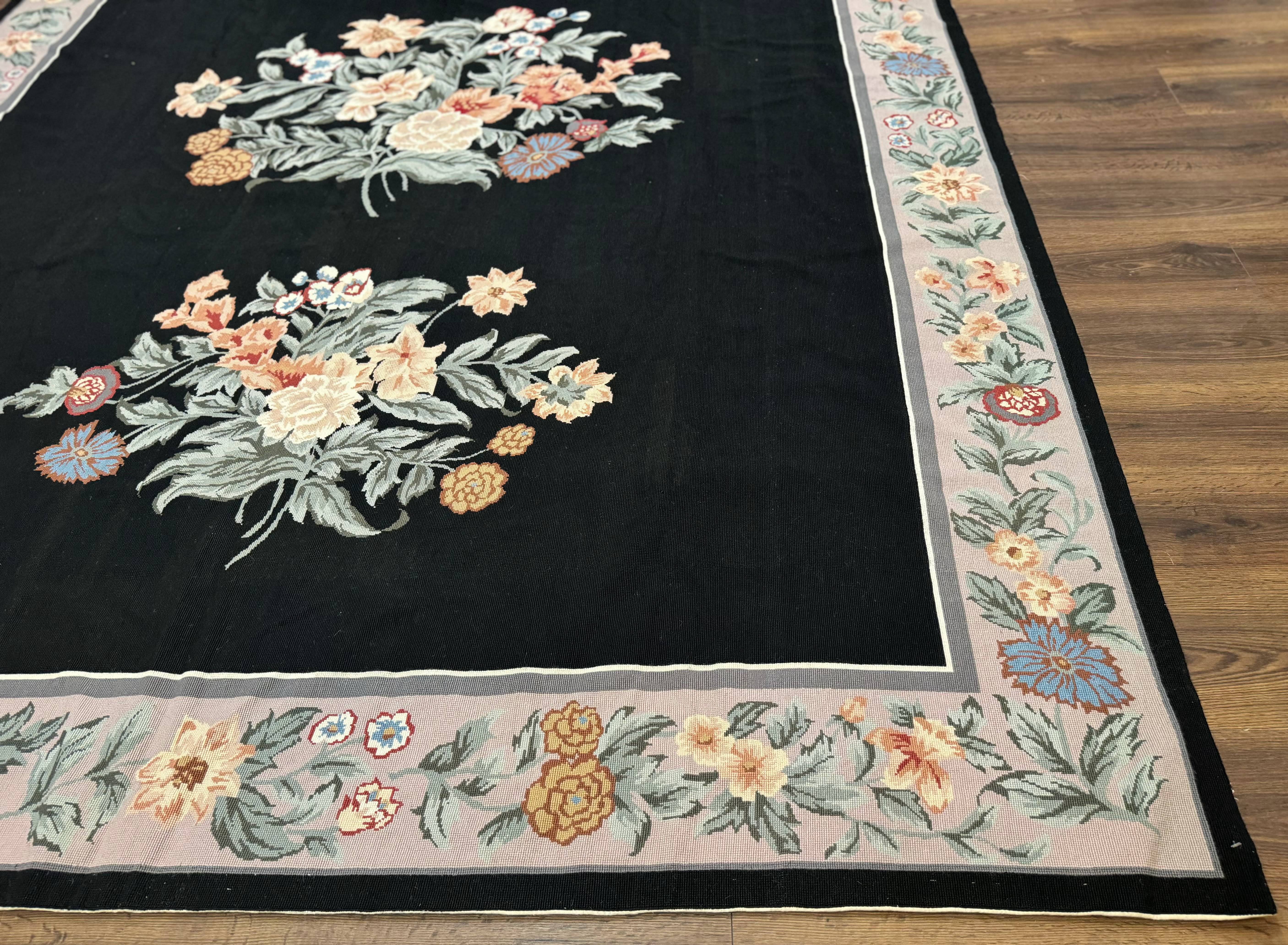 Black Needlepoint Rug 8x11 with Multicolor Flowers, Vintage Carpet - Jewel Rugs