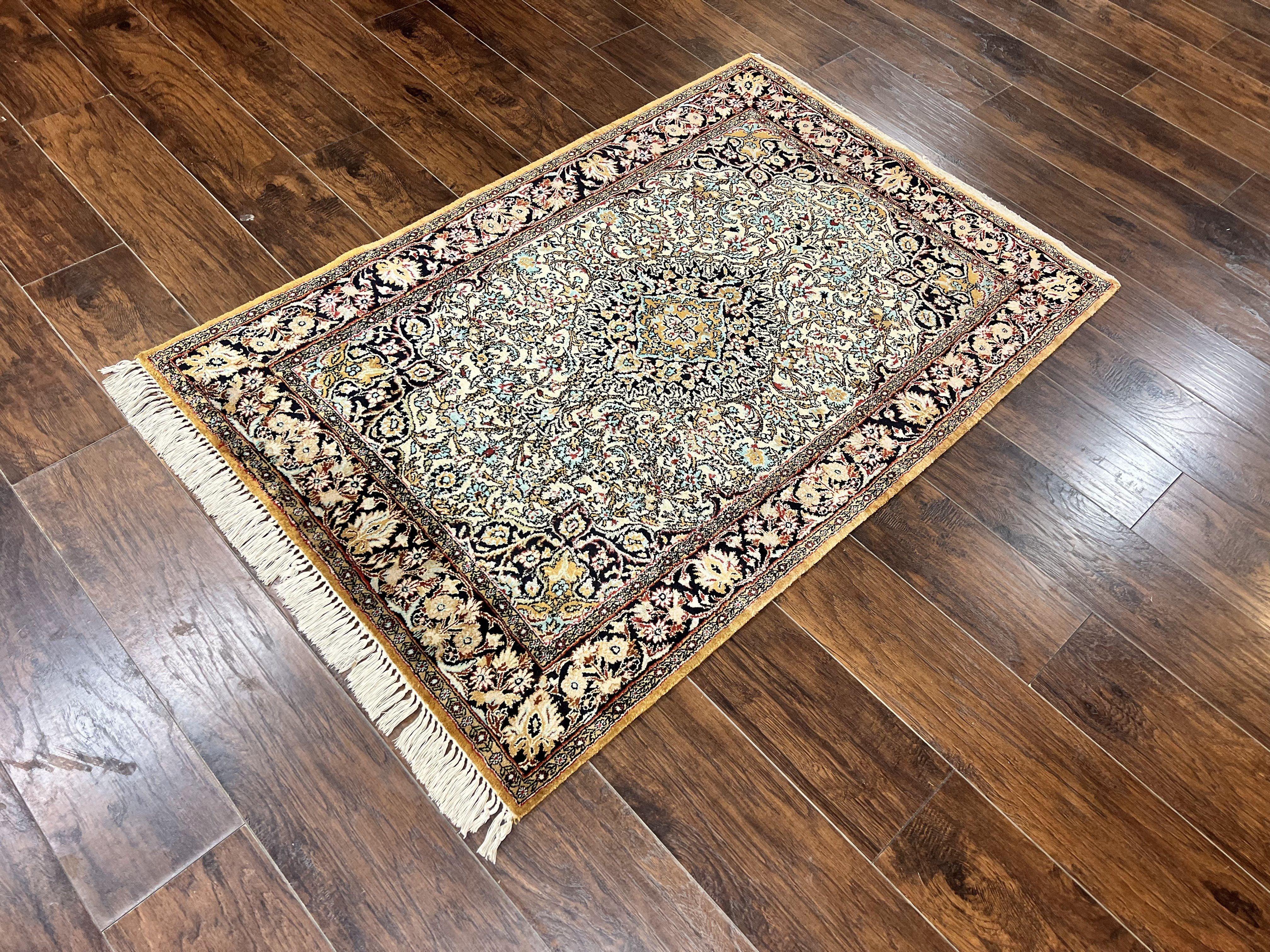 Silk Persian Qum Rug 4x5, Hand Knotted Vintage Carpet, Cream & Navy Blue, Silk Pile on Silk Foundation, Very Fine 360 KPSI - Jewel Rugs