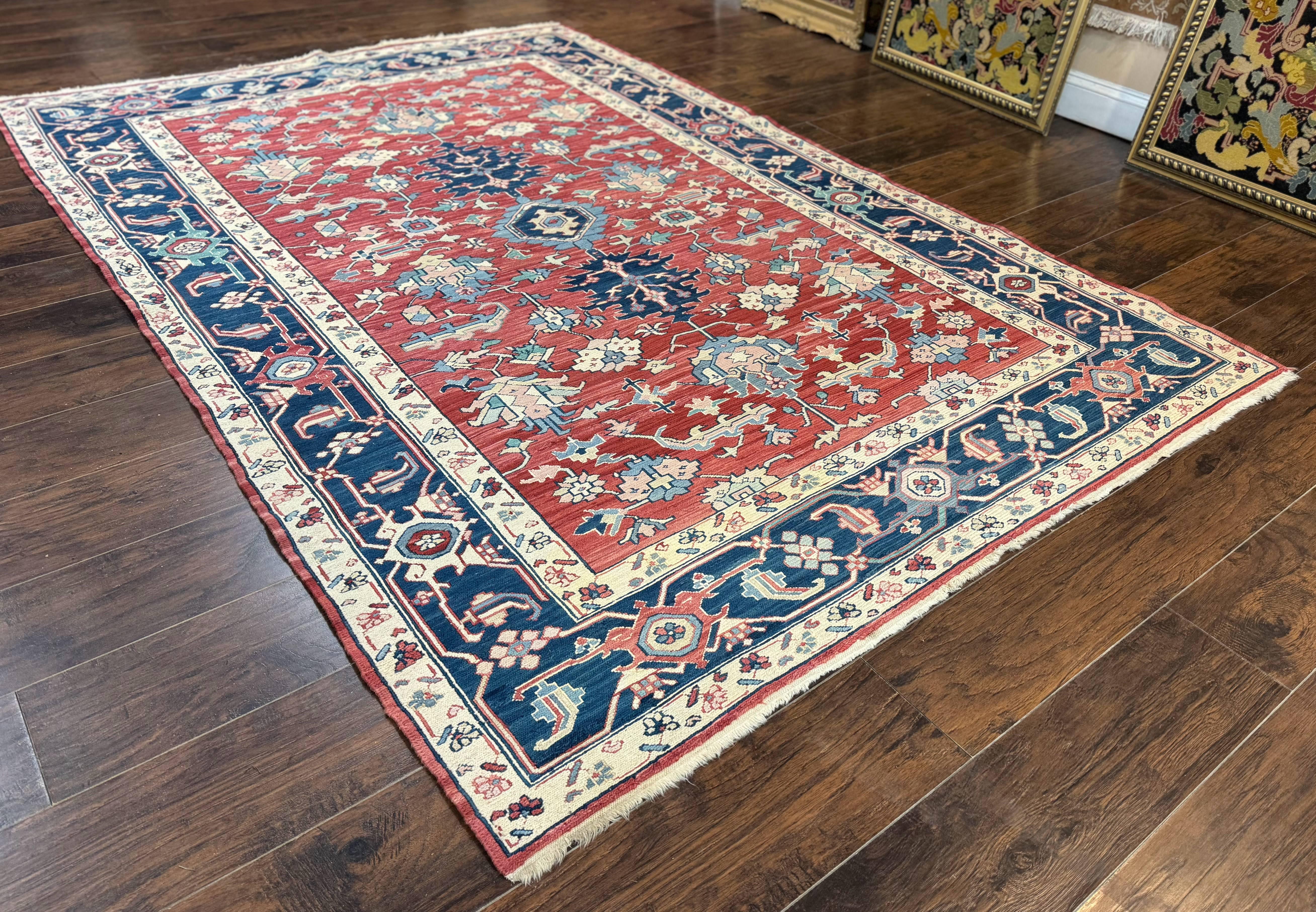 Turkish Flatweave Rug 6x9, Heriz Design, Red and Blue - Jewel Rugs