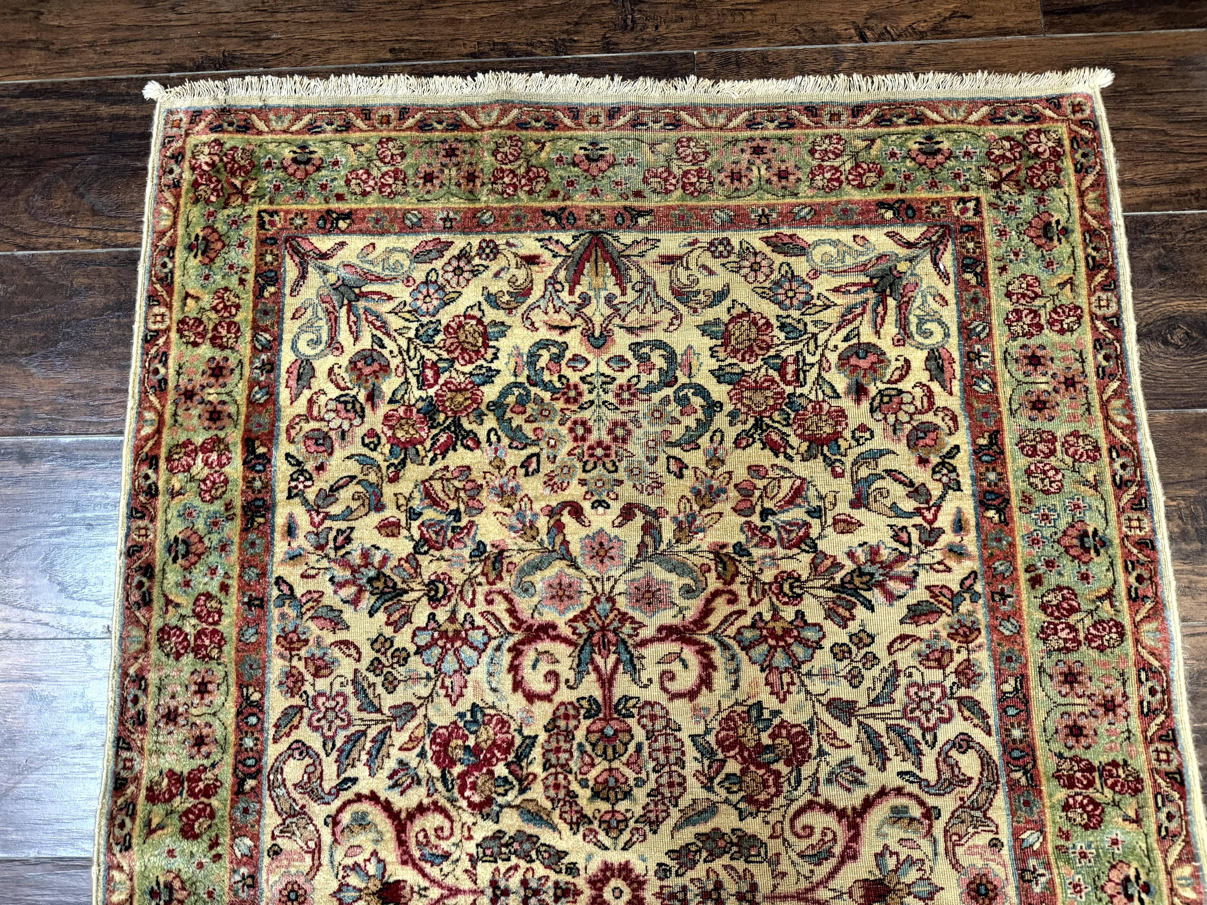 Antique Persian Kerman Rug 3x5, Floral Design, Cream and Light Green - Jewel Rugs