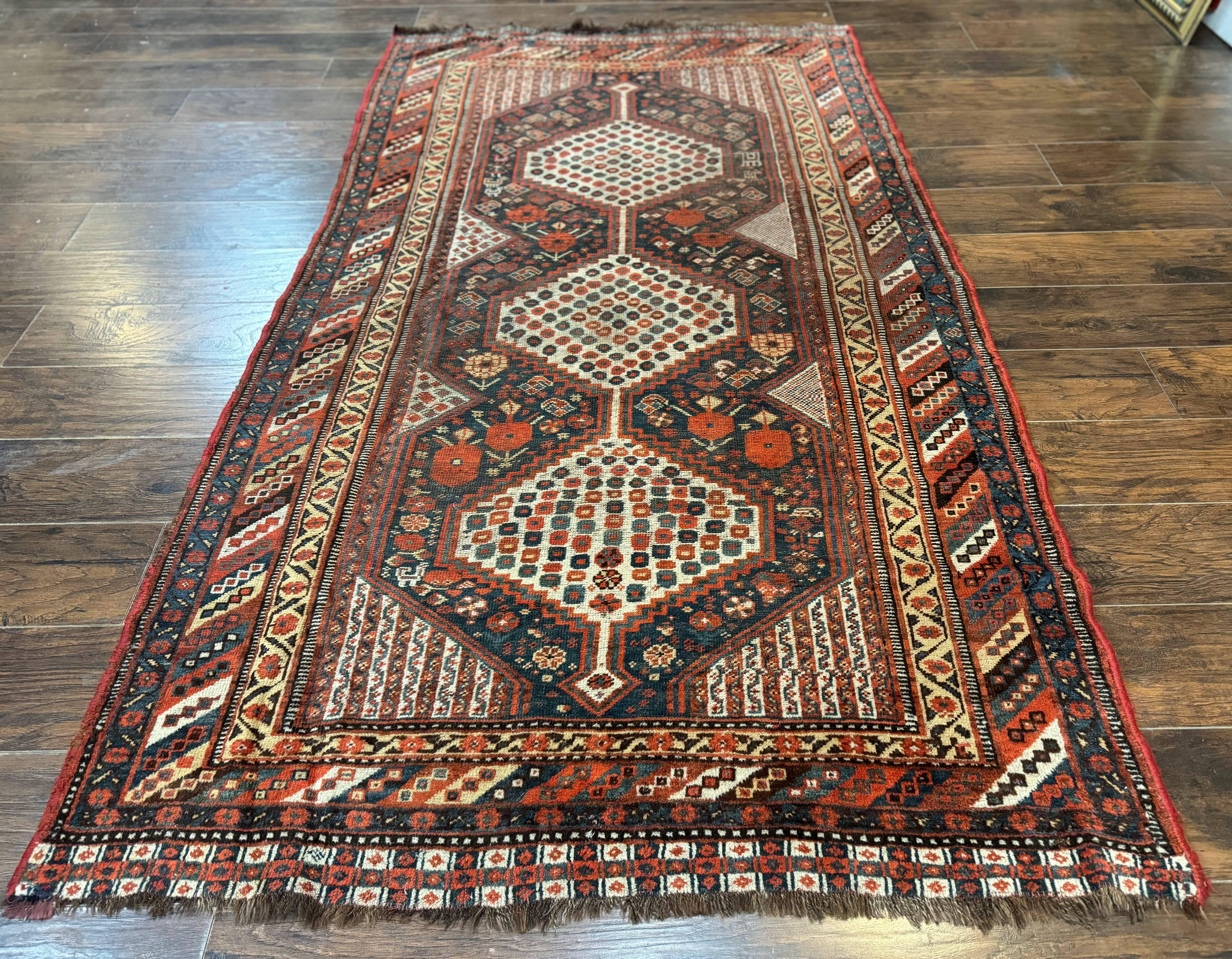 Antique Persian Shiraz Rug 5x8, Khamseh Tribal Wool 1920s Carpet, Navy Blue - Jewel Rugs