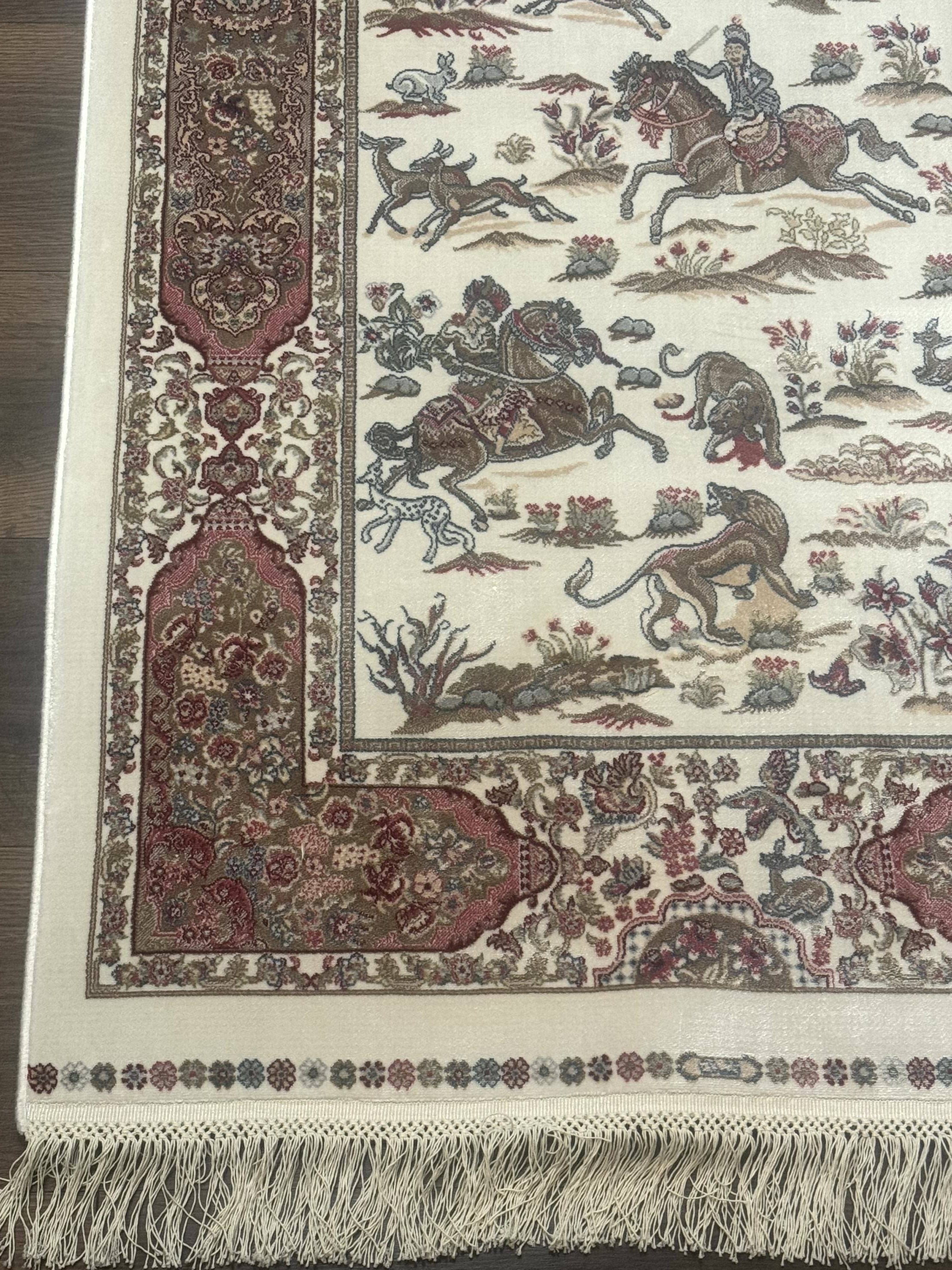 Turkish Silk Runner Rug 2.6 x 8, Hunting Design, Ivory, Bamboo Silk, New - Jewel Rugs