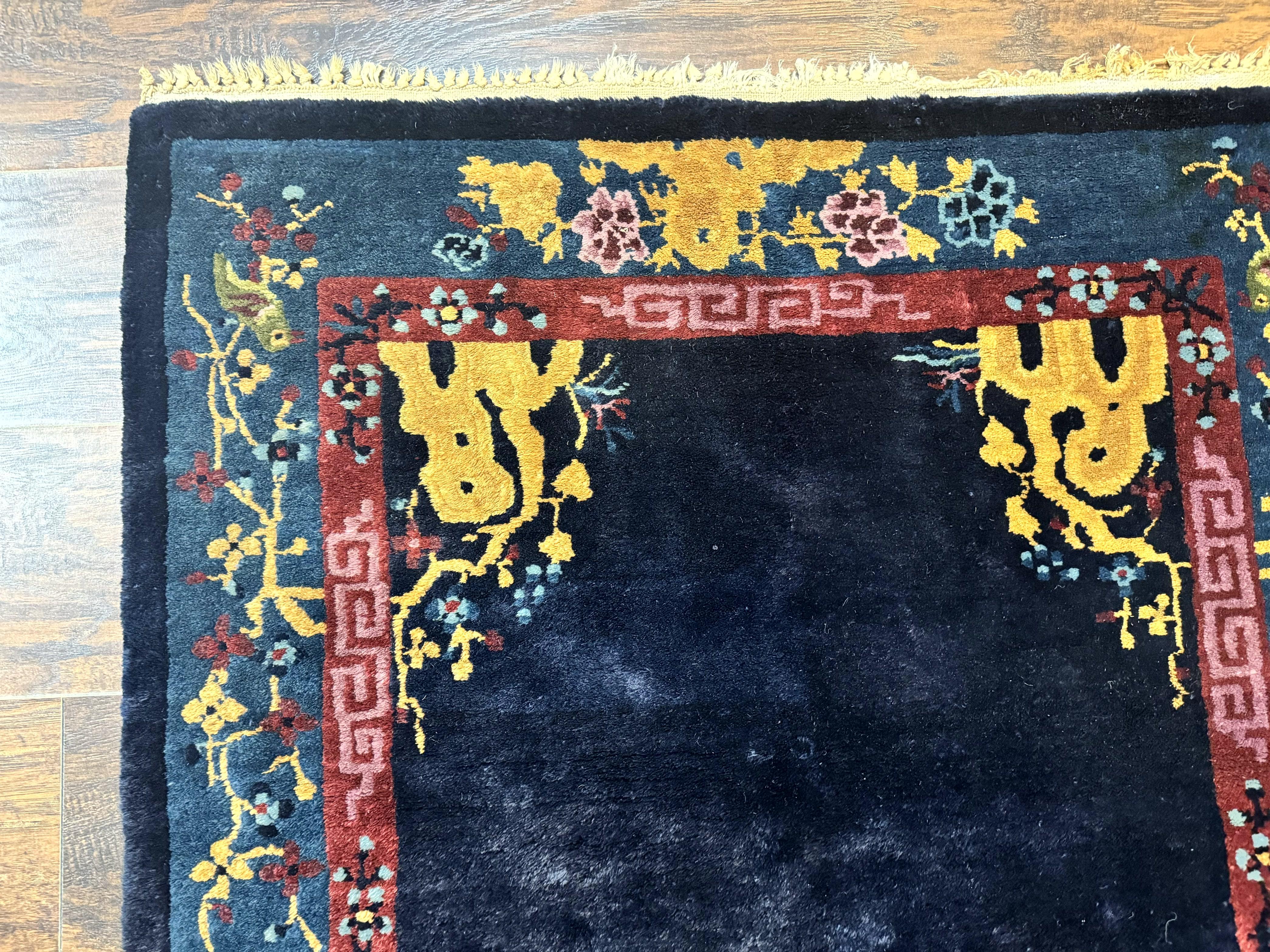 Antique Chinese Peking Rug 3x6, Dark Blue, Bird Motif, Handmade Wool Art Deco Asian Oriental Carpet, Pair B - Jewel Rugs