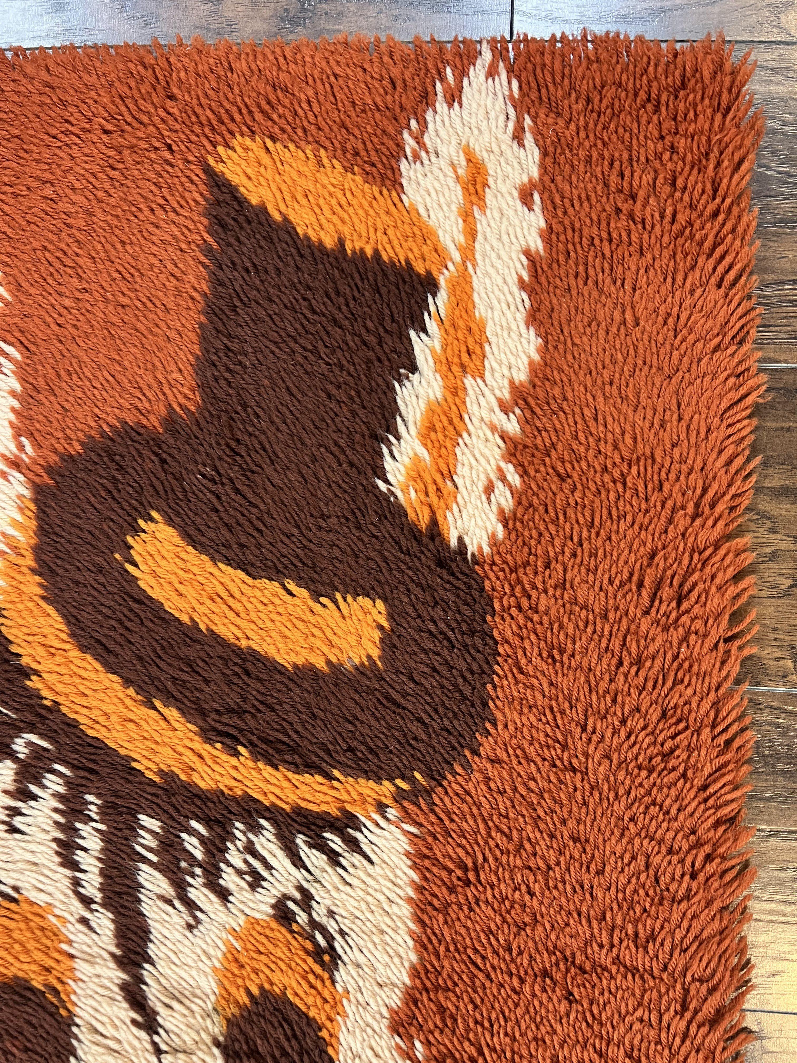 Rya Shag Rug 2x4, Rabbit in Top Hat, Wool, Orange, Vintage 1960s Danish Shag Rug - Jewel Rugs