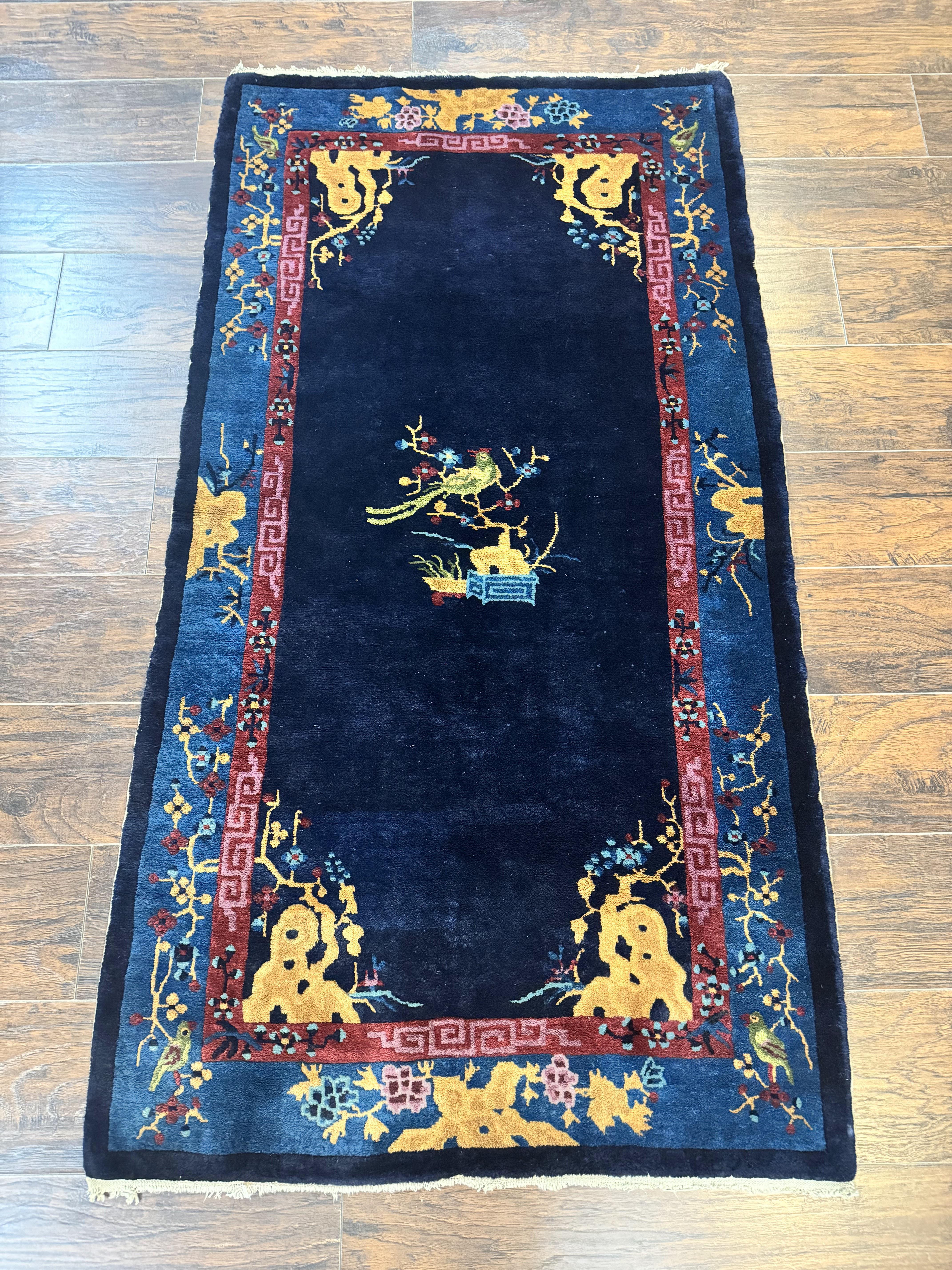 Antique Chinese Peking Rug 3x6, Dark Blue, Bird Motif, Handmade Wool Art Deco Asian Oriental Carpet, Pair A - Jewel Rugs