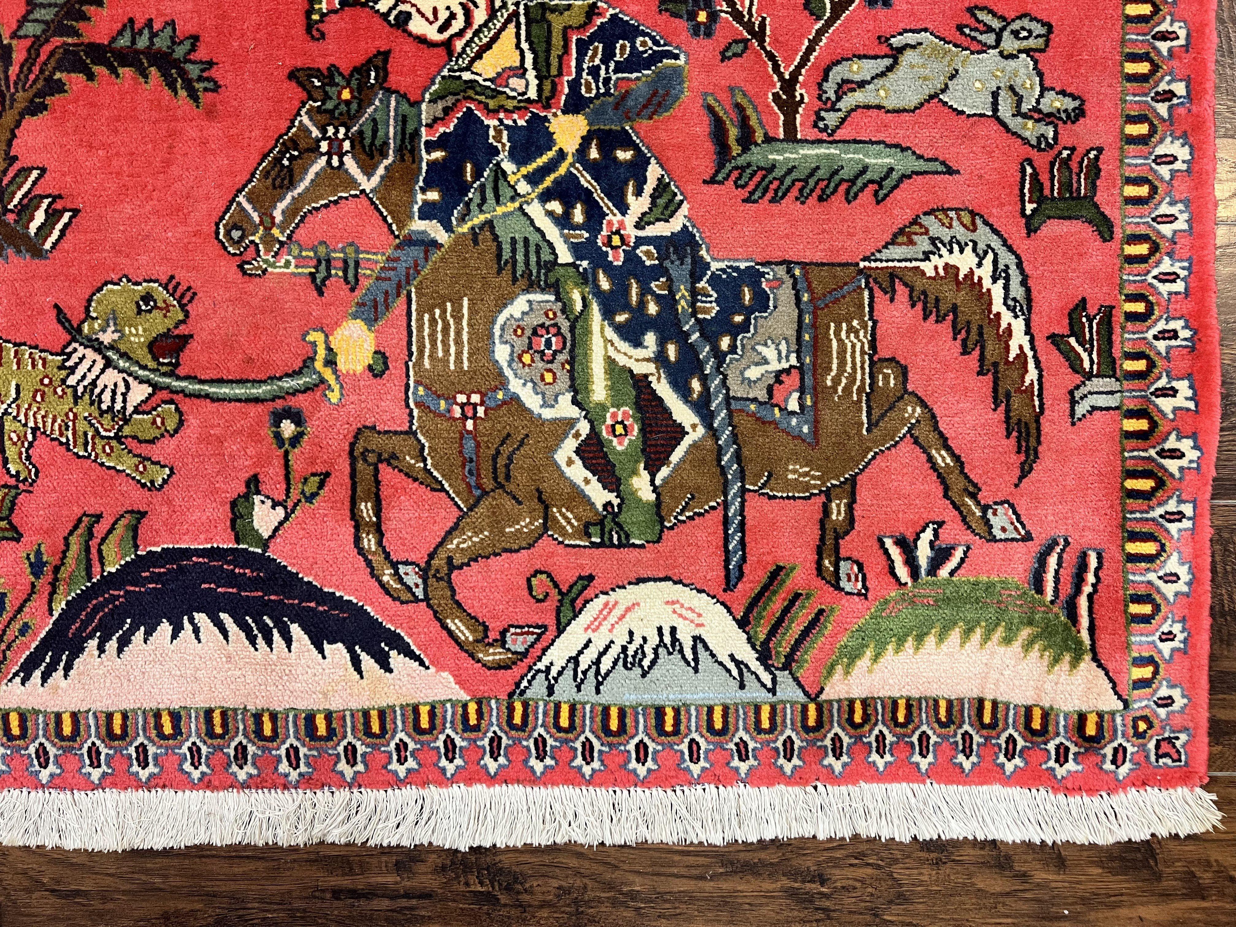 Persian Kashan Hunting Rug 4x3, Wool Hand-Knotted Vintage Carpet, Semi Antique Pictoral Rug, Red, Horsemen Lion Animal Pictorials - Jewel Rugs