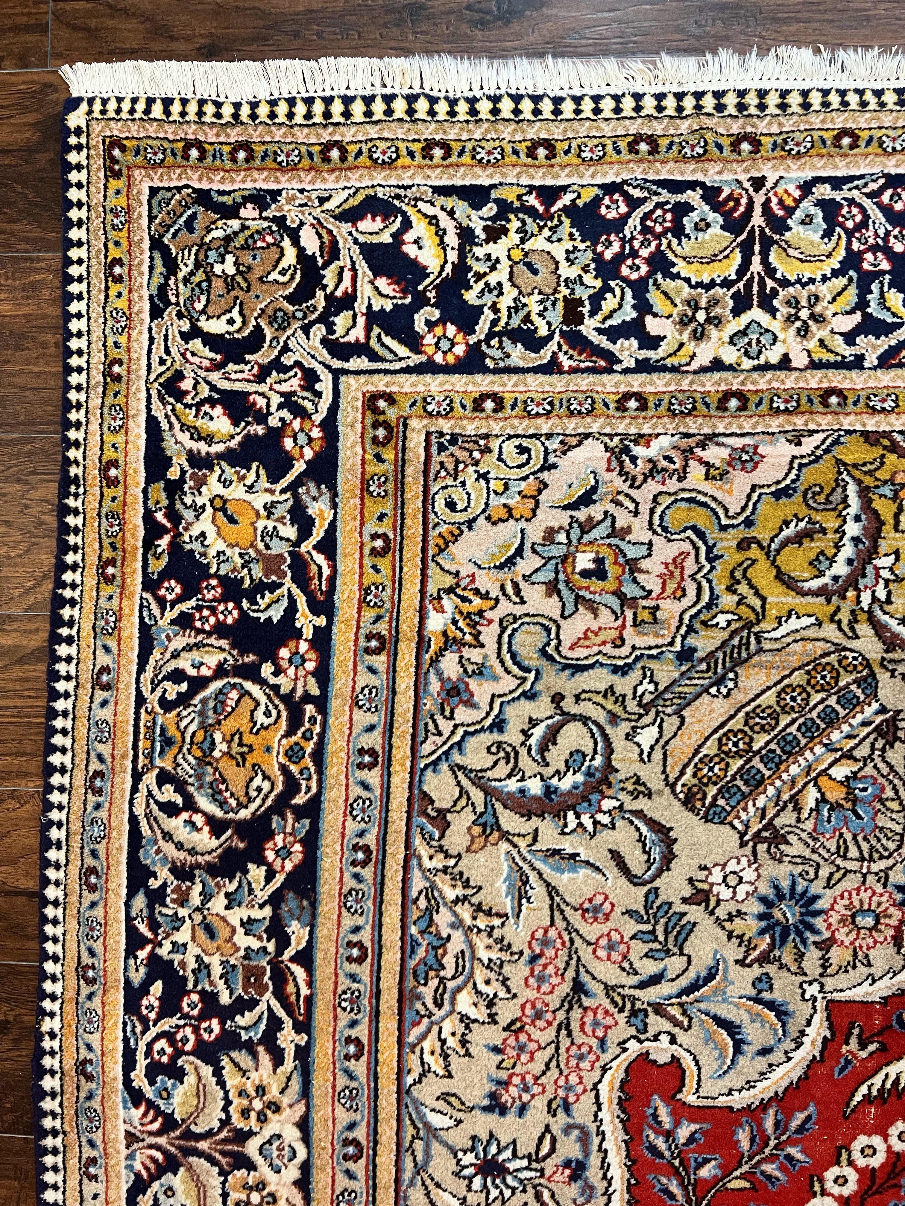 Wonderful Persian Qum Rug 10x14, Wool w/ Silk Highlights, Hand Knotted Semi Antique Vintage Carpet, Red, Floral, Fine Weave, Birds Deer Pictorials - Jewel Rugs