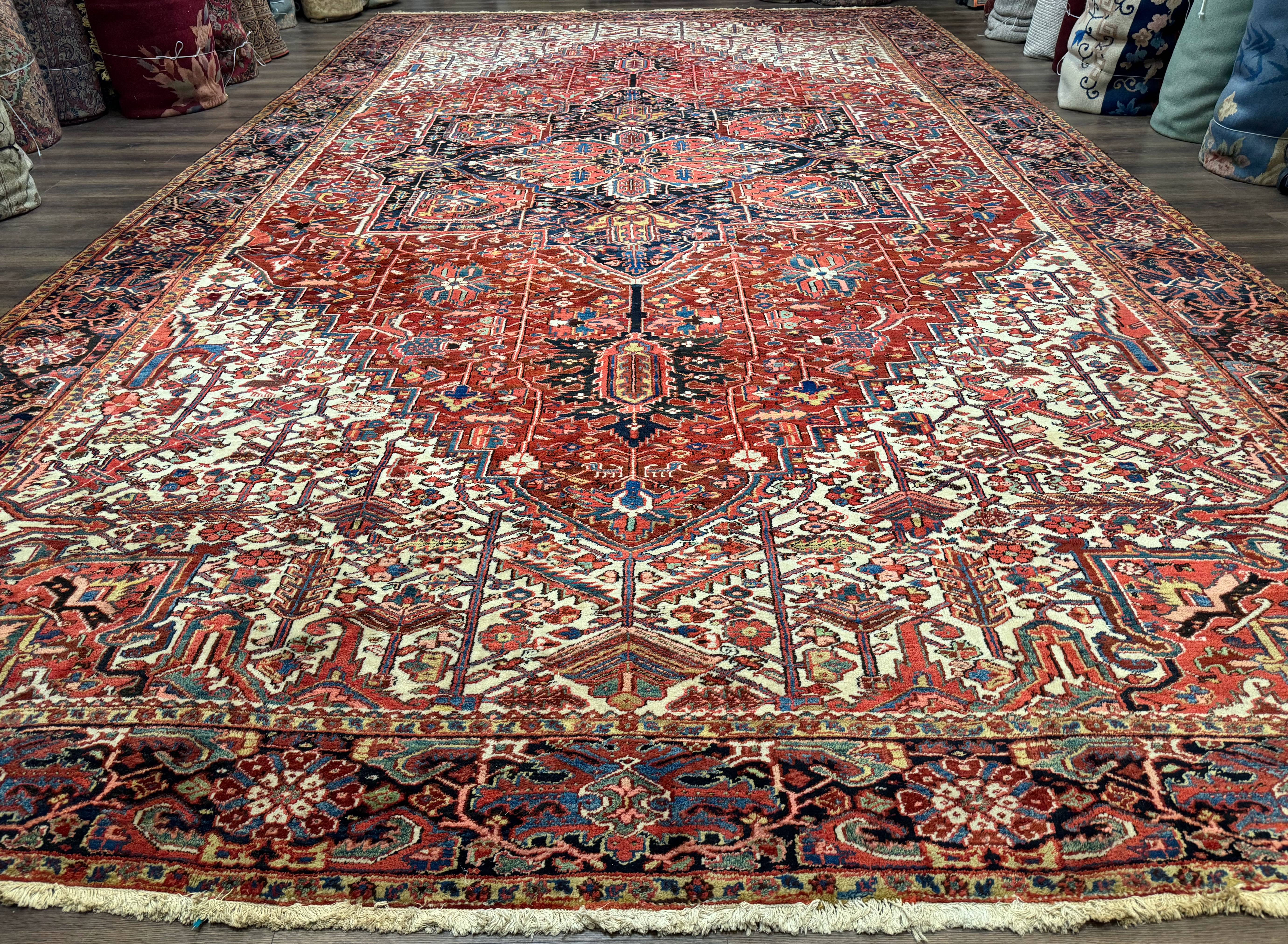 Palace Size Persian Heriz Rug 12x21 Wool Handmade Red Blue Ivory - Jewel Rugs