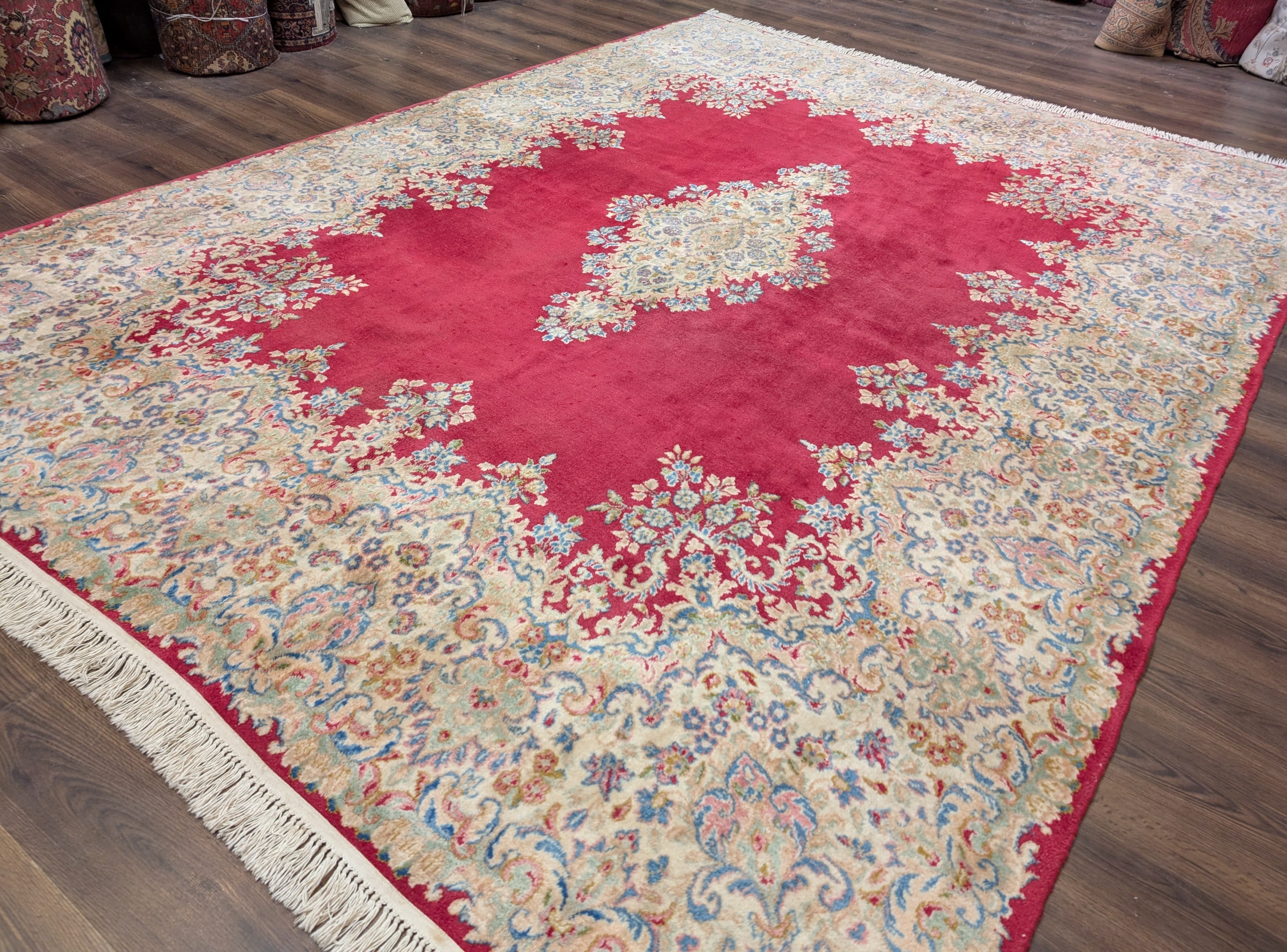 Persian Rug 9x12, Kerman Rug, Semi Open Field, Medallion, Red, Vintage, Wool - Jewel Rugs