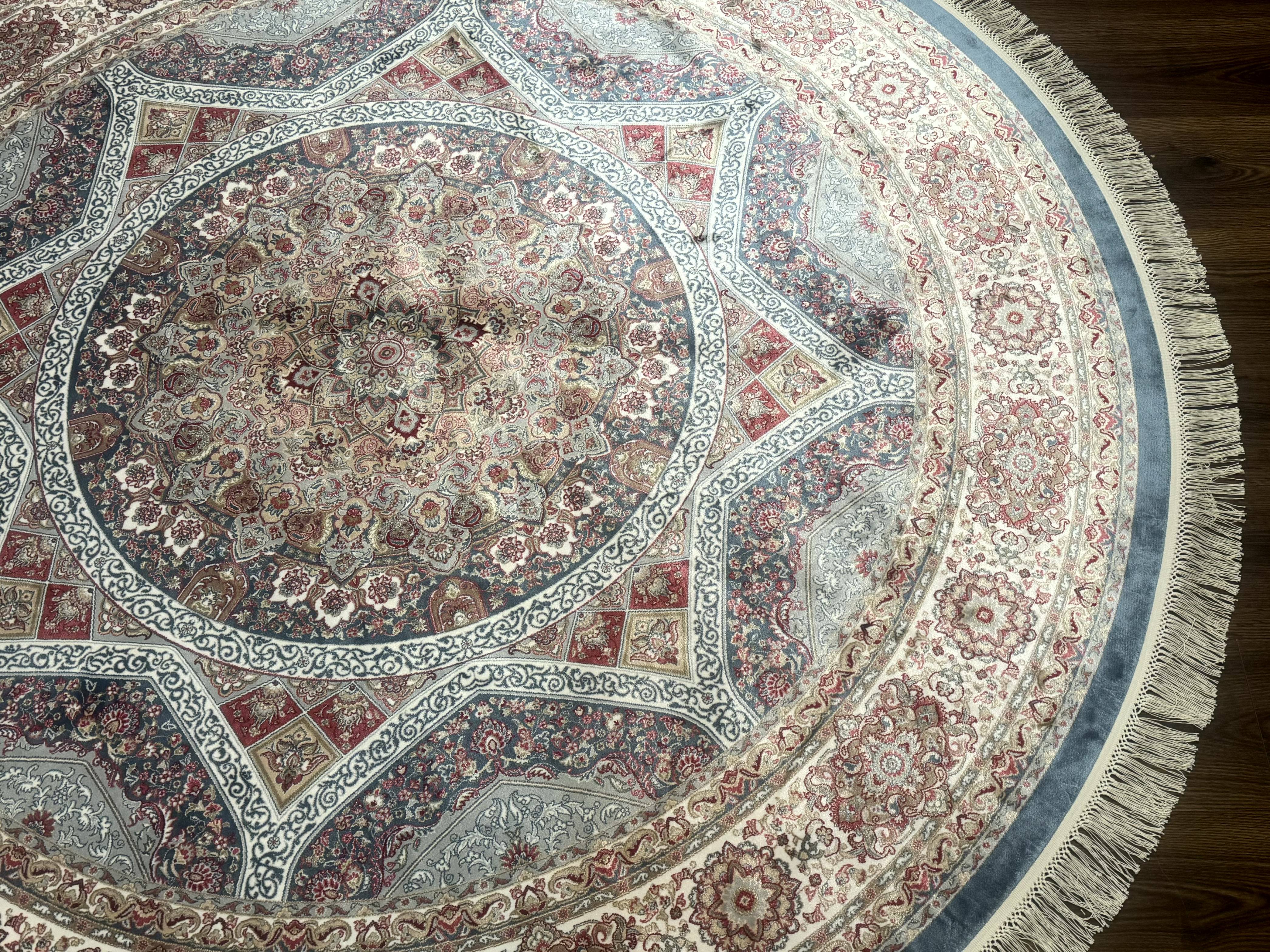 Round Silk Rug 6x6, Blue and Ivory, Turkish Silk Carpet, Bamboo Silk - Jewel Rugs