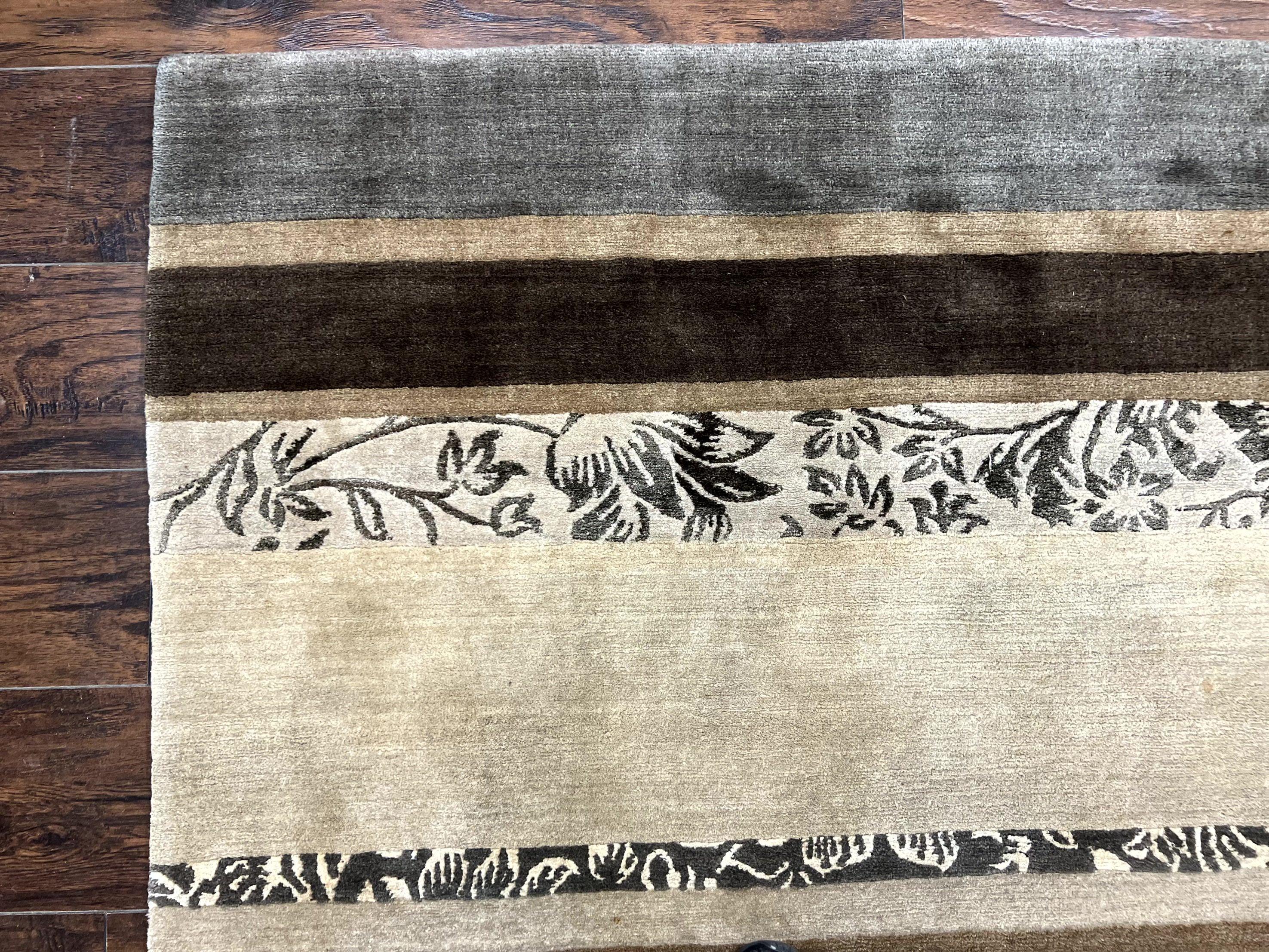 Modern Tibetan Nepali Rug 8x12, Stripe Pattern, Wool with Silk Highlights, Handmade, Beige Tan Brown - Jewel Rugs