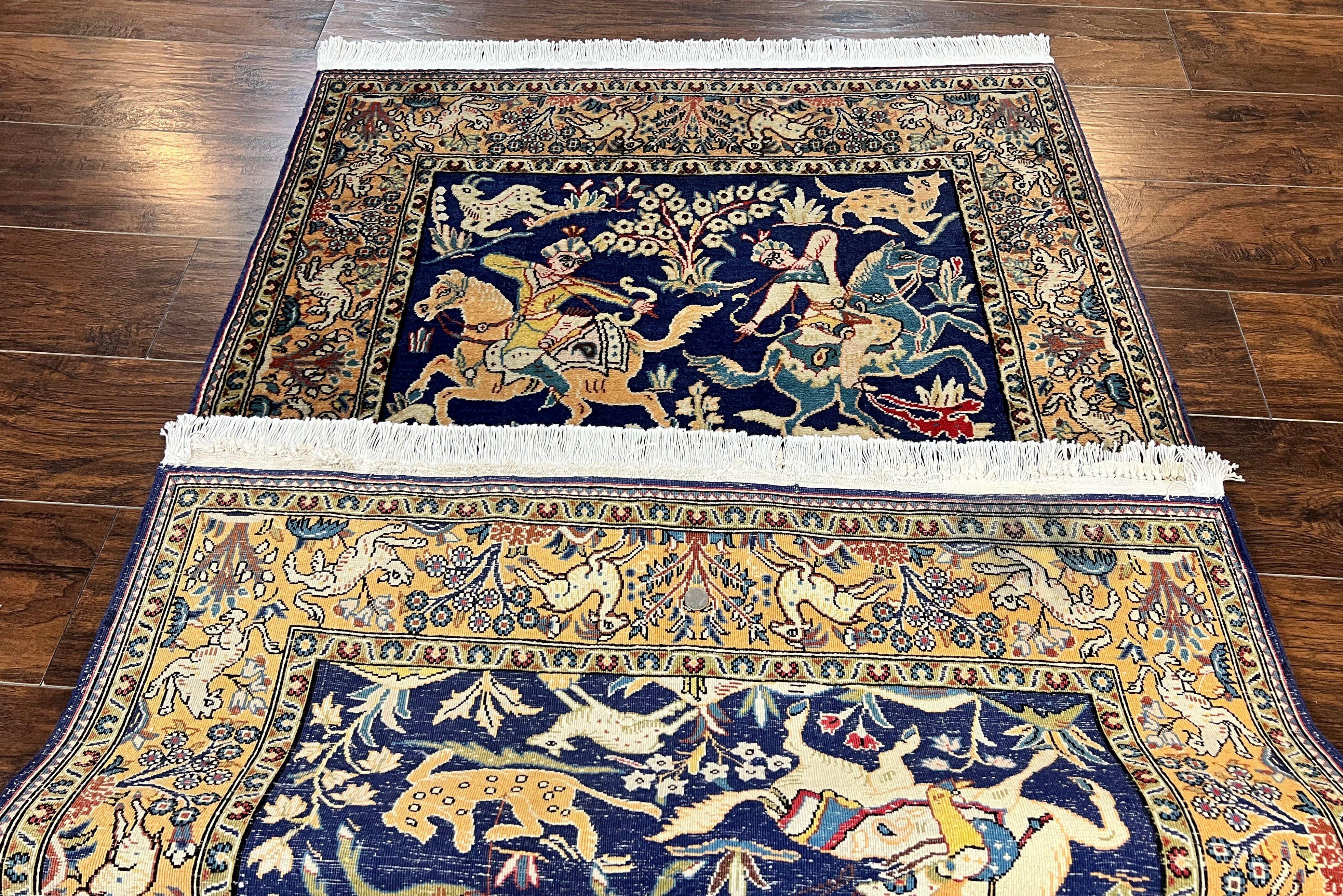 Persian Qum Hunting Design Rug 4x5, Wool Hand Knotted Vintage Oriental Carpet, Navy Blue & Mustard, Horsemen Animal Pictorials, Rare - Jewel Rugs