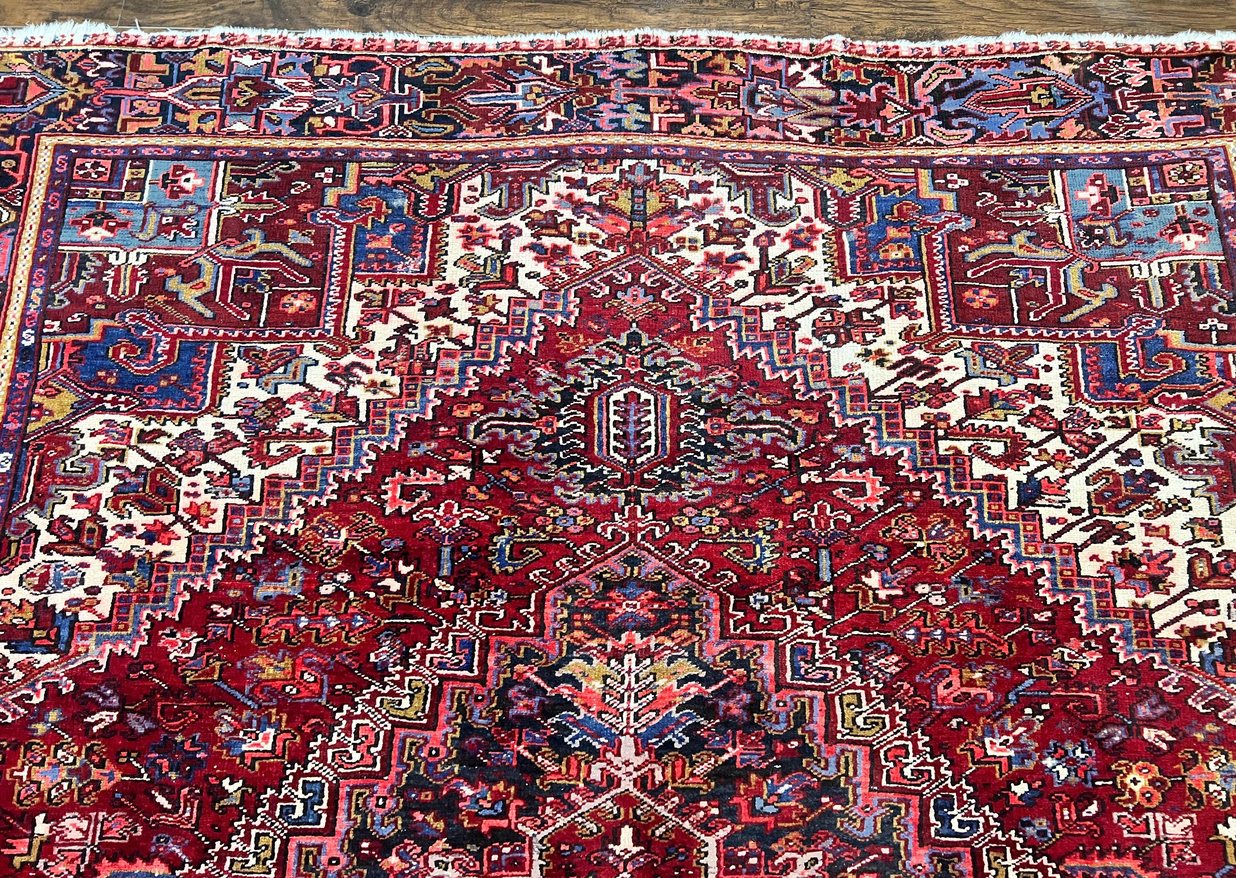 Persian Heriz Rug 9x11 ft, Geometric Rug 9 x 11, Red Room Sized Semi Antique Vintage Wool Hand Knotted Oriental Carpet - Jewel Rugs