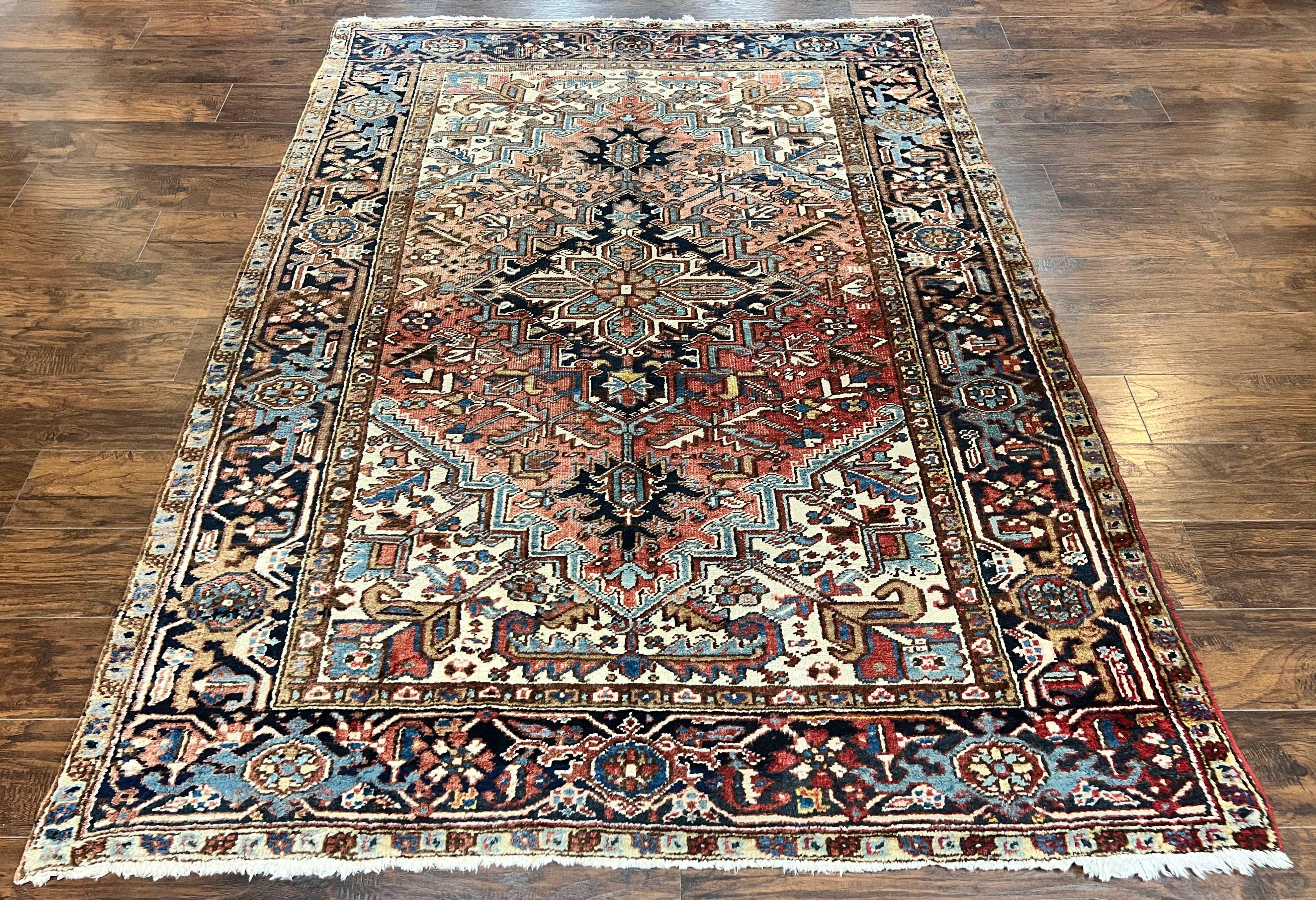 Antique Persian Heriz Rug 6x8, Geometric Medallion, 1920s Oriental Carpet, Handmade Wool Rug - Jewel Rugs