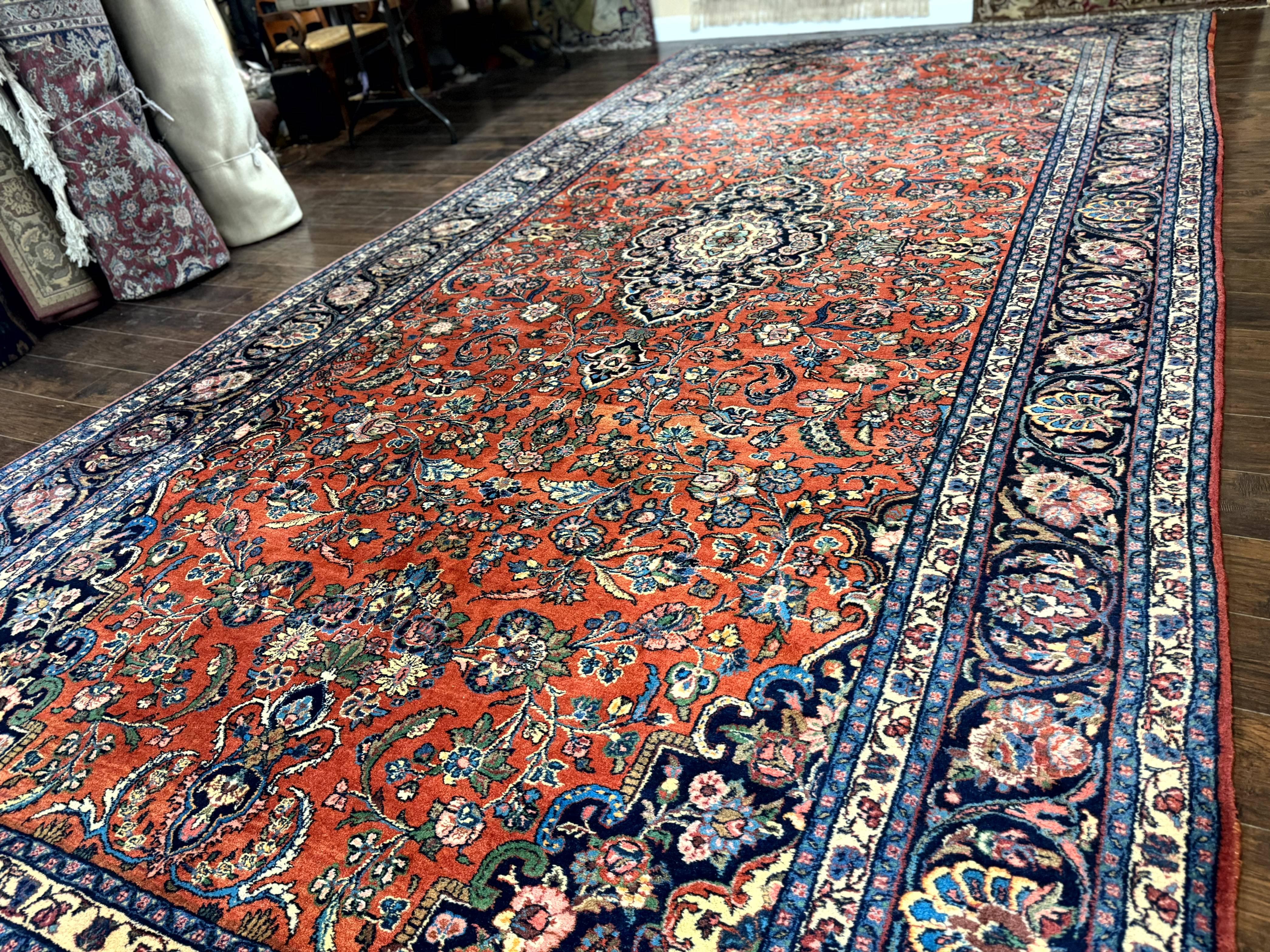 Palace Sized Antique Persian Rug 9x19, Handmade Wool Persian Carpet, Red Navy Blue, Floral Medallion - Jewel Rugs