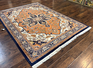 Indo Heriz Rug 6x8, Wool Hand Knotted Vintage Oriental Carpet, Orange-Red Ivory & Navy Blue, Medallion Rug, Handmade Indo Persian Rug