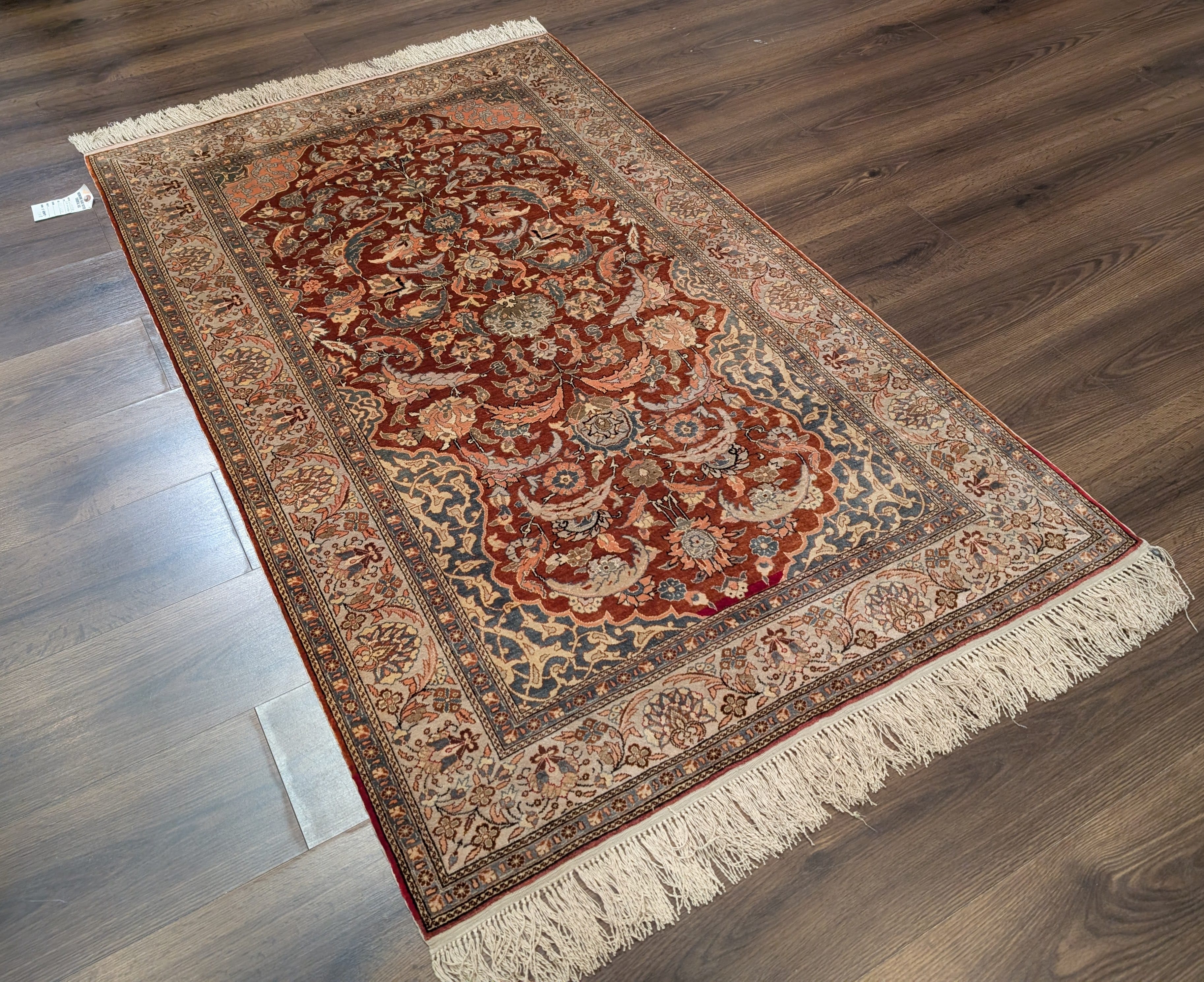 Silk Turkish Hereke Rug 3x5, Fine Hand-Knotted Silk Carpet, Rust Red & Green - Jewel Rugs