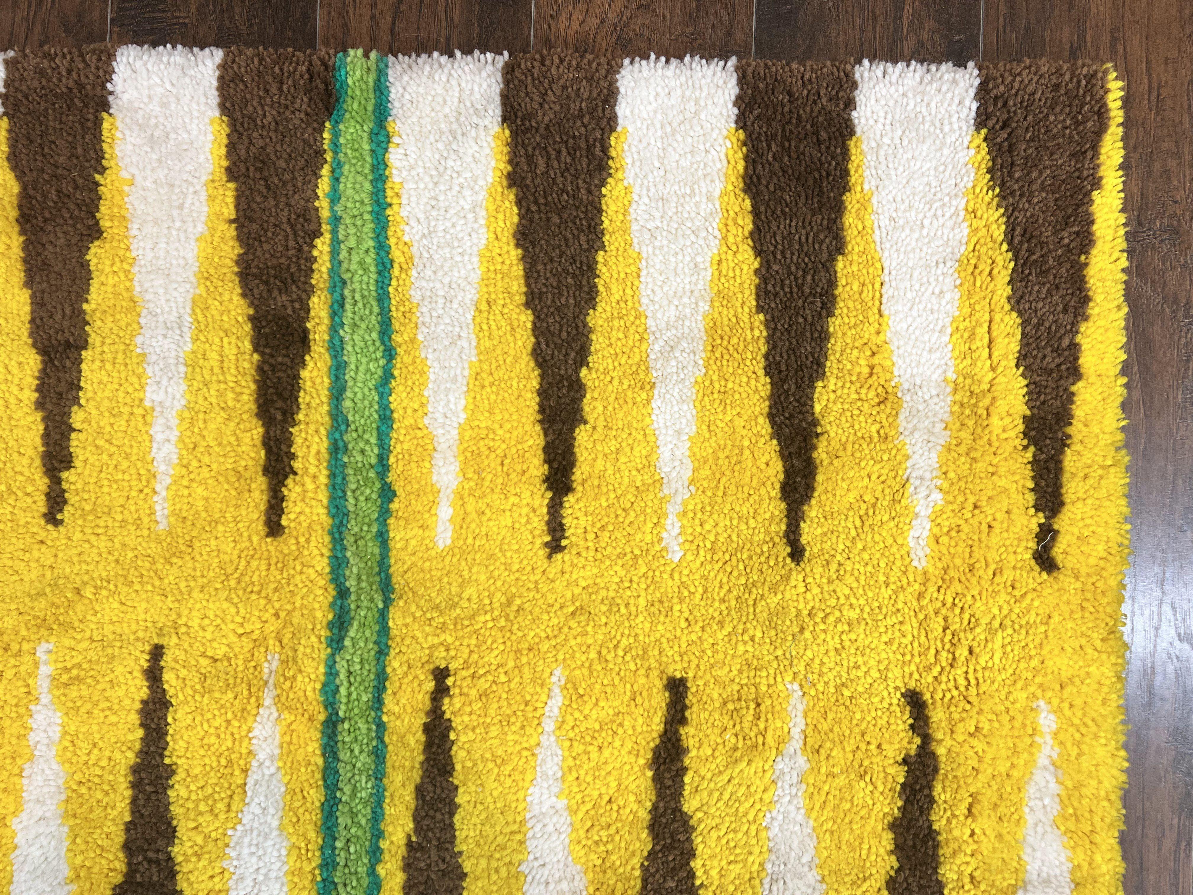 Danish Rya Rug 3x4, Vintage Mid Century Retro Rya Shag Rug, Stripes, Yellow Ivory Brown - Jewel Rugs