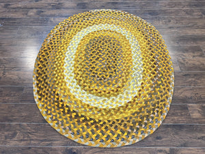 American Braided Rug 5x6 ft, Oval Braided Carpet, Multicolor Shades of Yellow Vintage Mid Century Hand Braided Area Rug