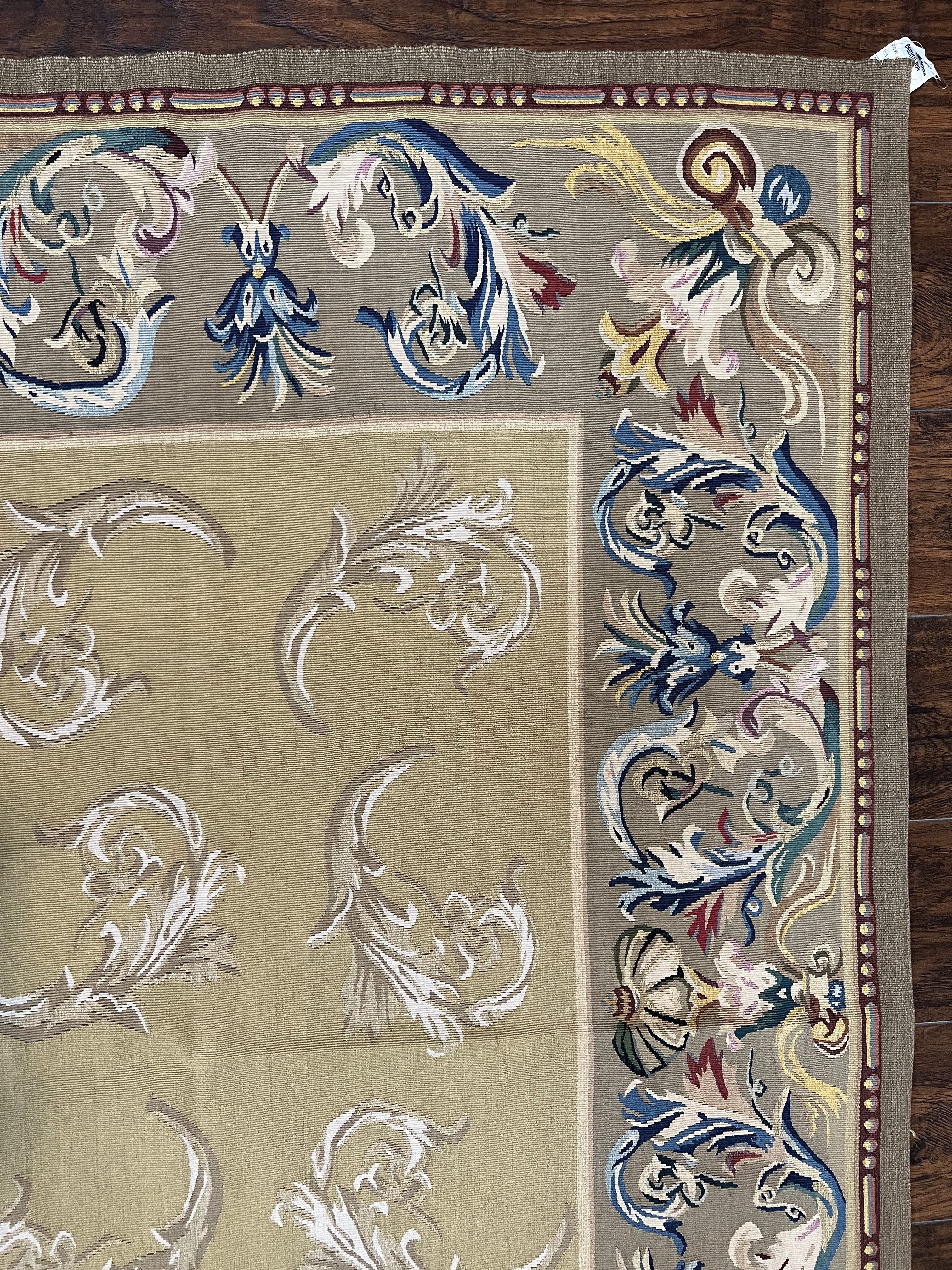 Vintage Aubusson Flatweave Area Rug 9x12, Aubusson Weave, Wool, Beige, Handmade, French European Design, 8'9" x 11'9" - Jewel Rugs