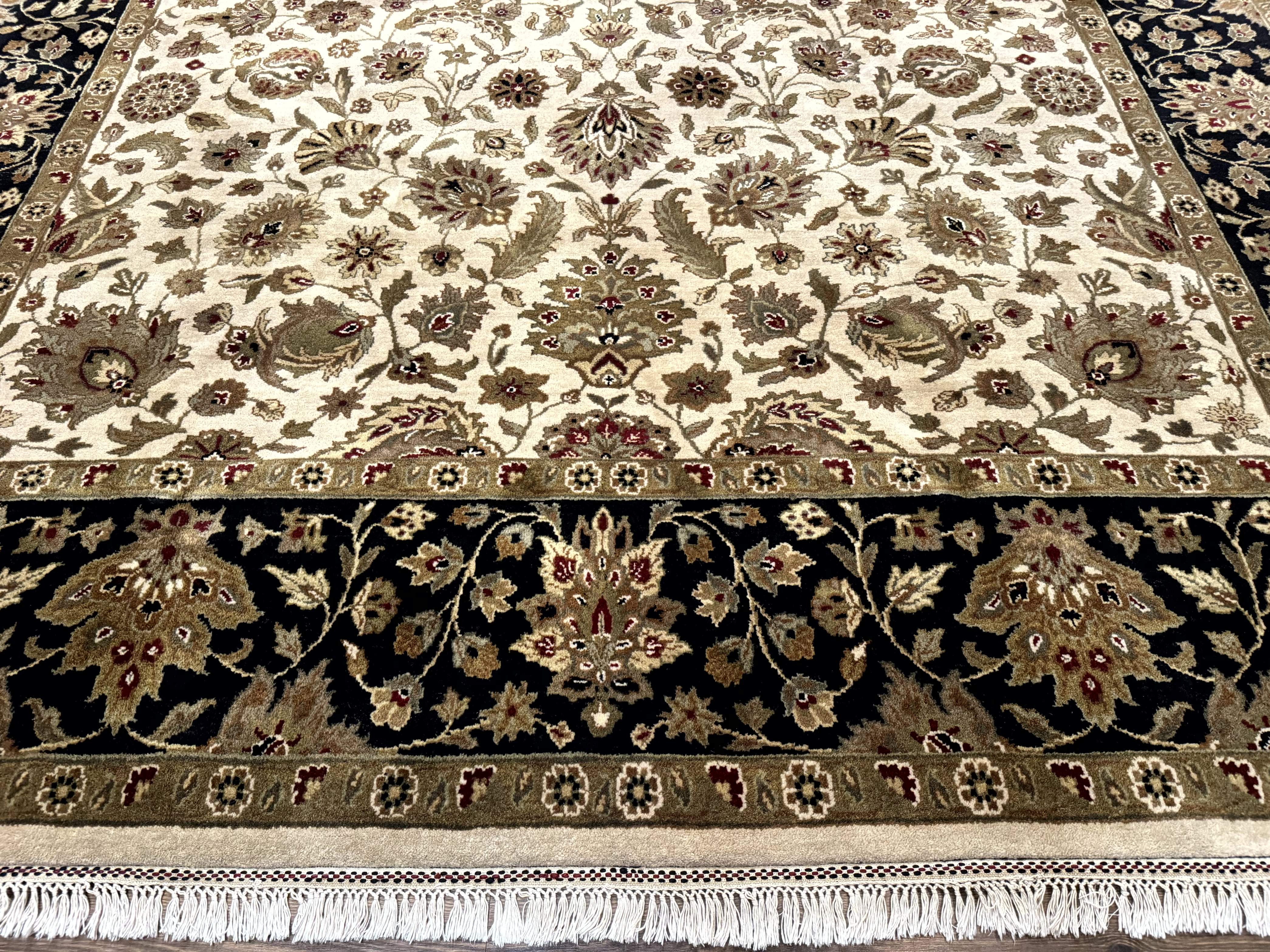 Indo Persian Mahal Rug 9x12, Cream and Black, Hand Knotted Wool Traditional Oriental Carpet - Jewel Rugs