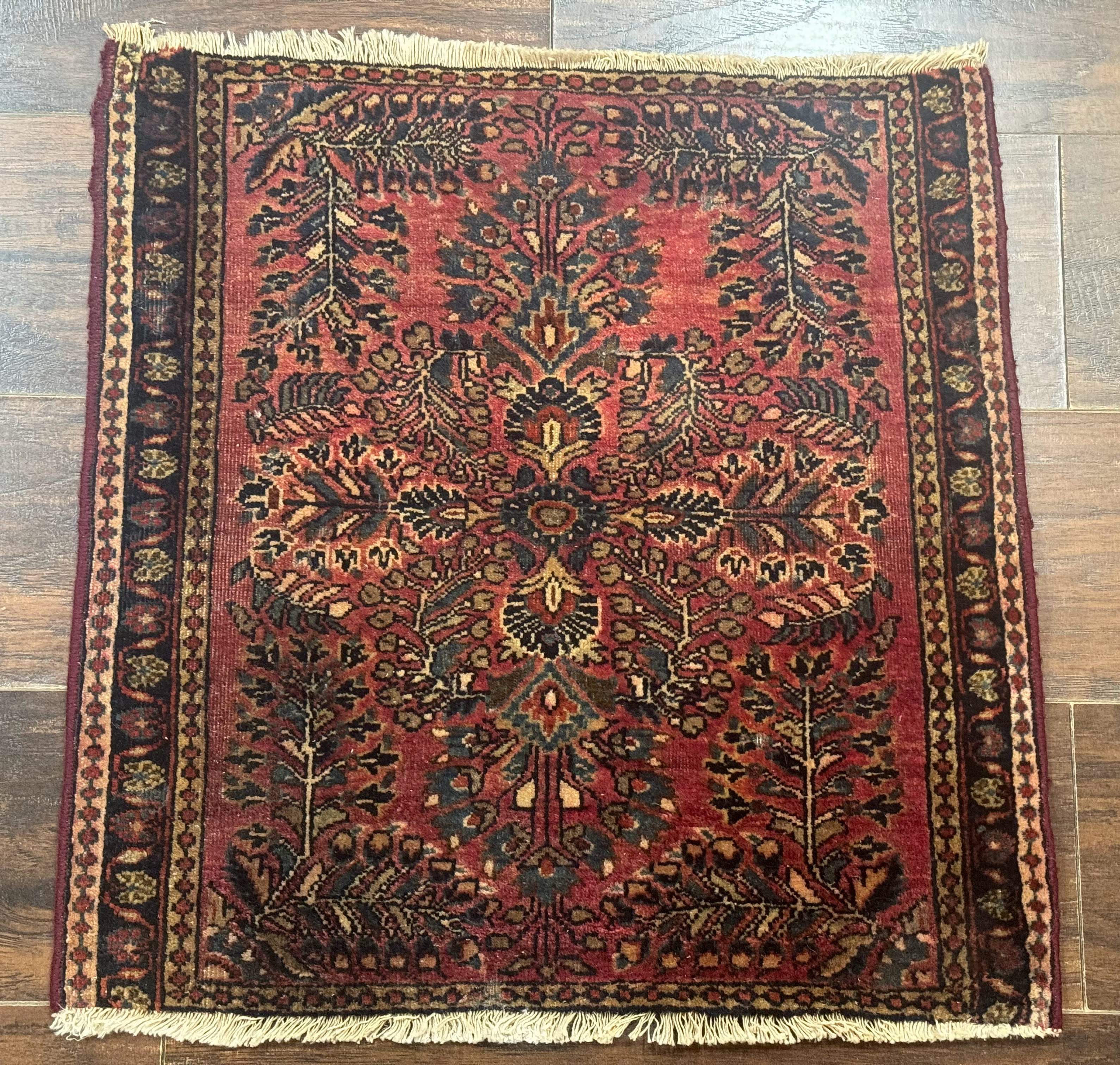 Persian Sarouk Rug 2x2, Small Antique Wool Scatter Rug, Red - Jewel Rugs