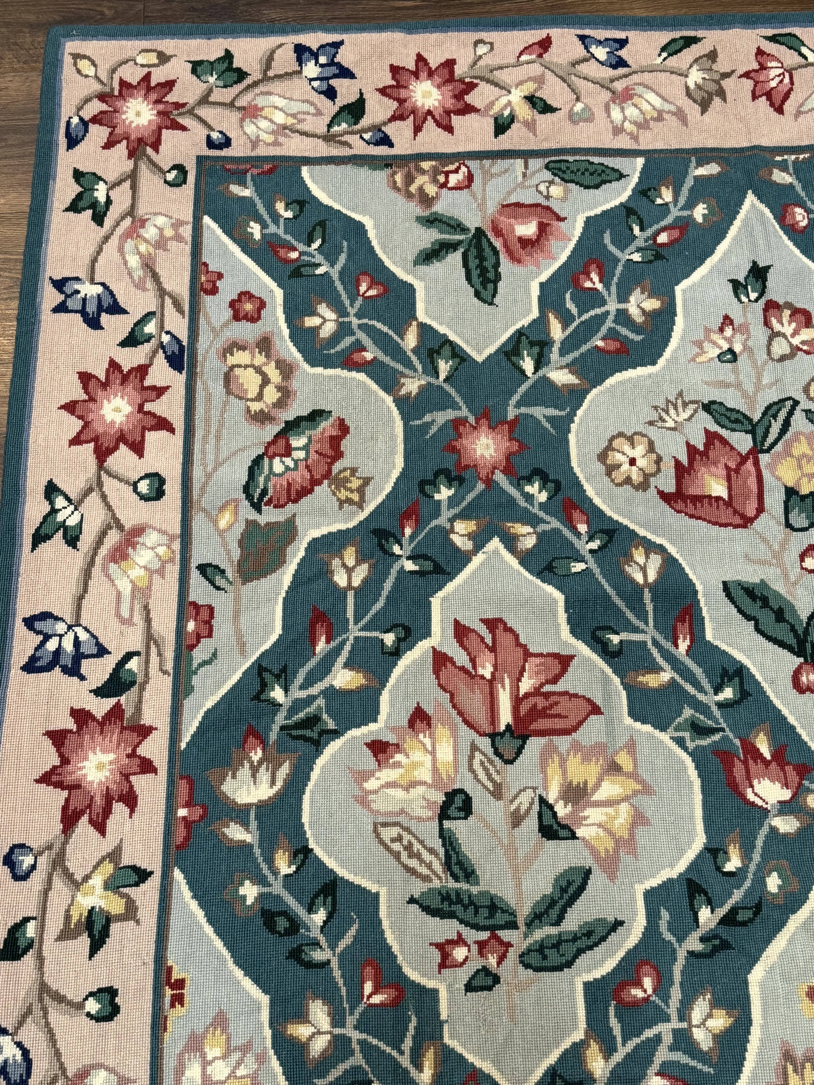 Teal Needlepoint Rug 6x9, Panel Design, Floral Bouquets, Handmade - Jewel Rugs