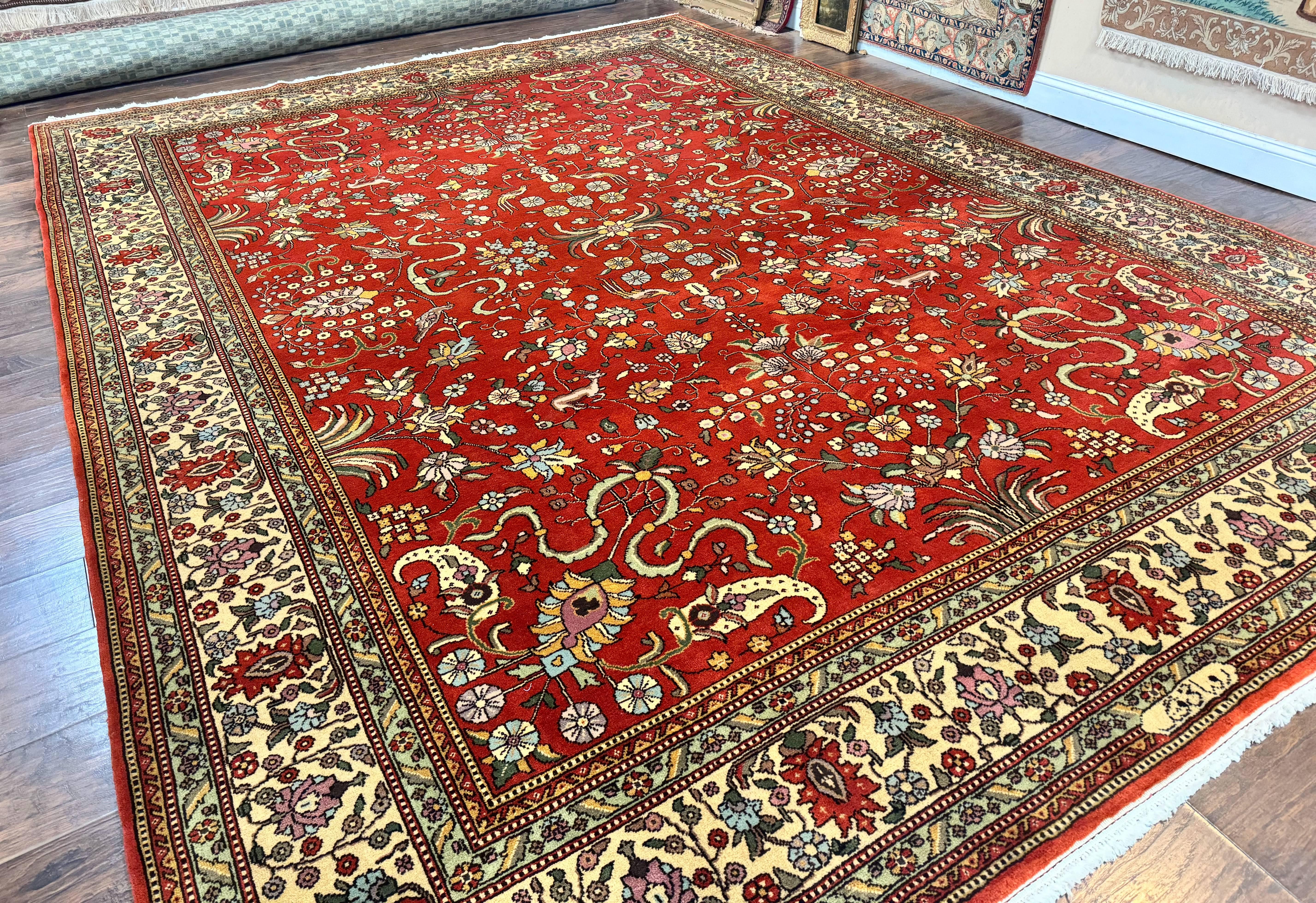 Romanian Rug 10x13, Vintage Handmade Wool Carpet, Floral Pattern, Birds, Red and Cream, Signed By Masterweaver, Persian Rug - Jewel Rugs