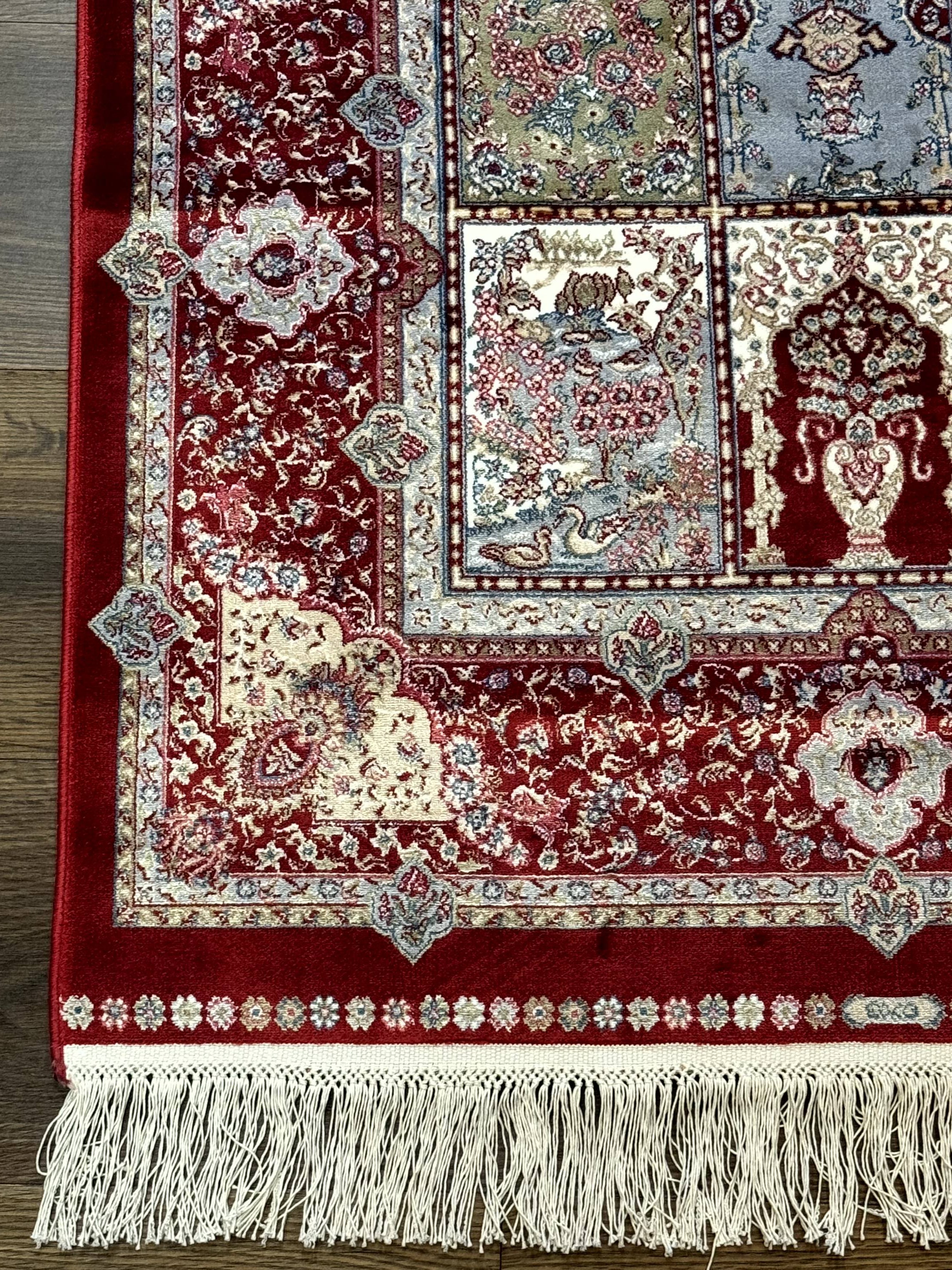 Turkish Silk Runner Rug 2.6 x 11.6, Panel Design, Dark Red Ivory, Bamboo Silk, New - Jewel Rugs