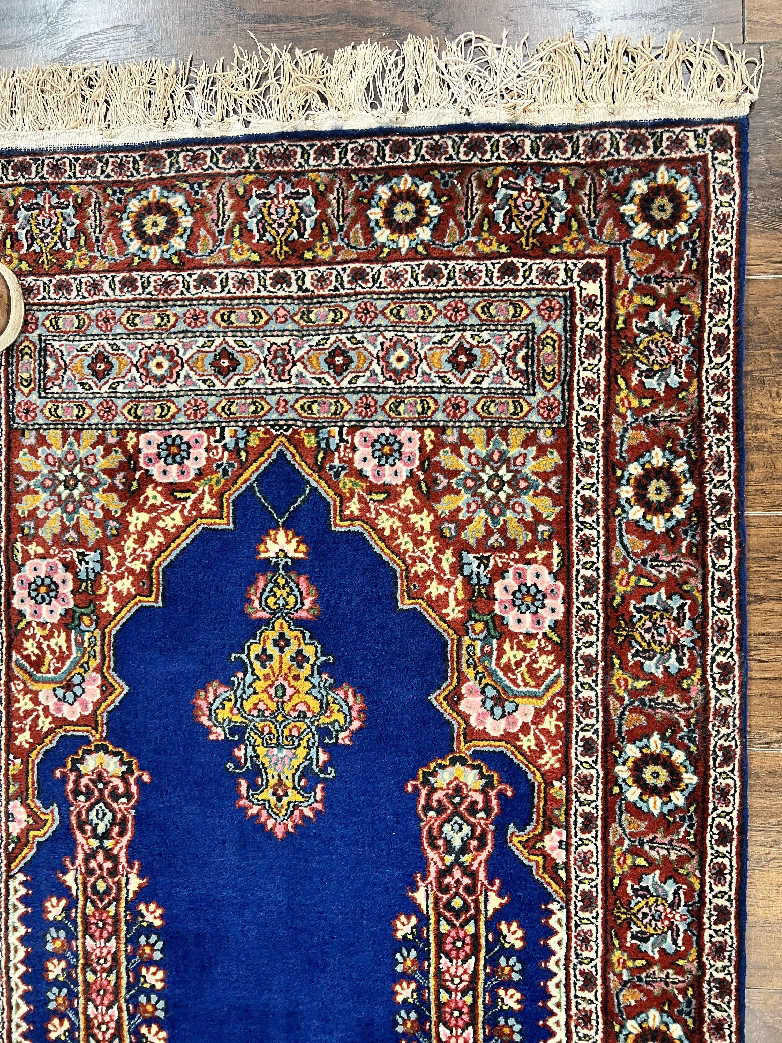 Indo Persian Prayer Rug 3x5, Fine Oriental Carpet, Dark Blue and Red, Vintage Hand Knotted Handmade Prayer Rug - Jewel Rugs