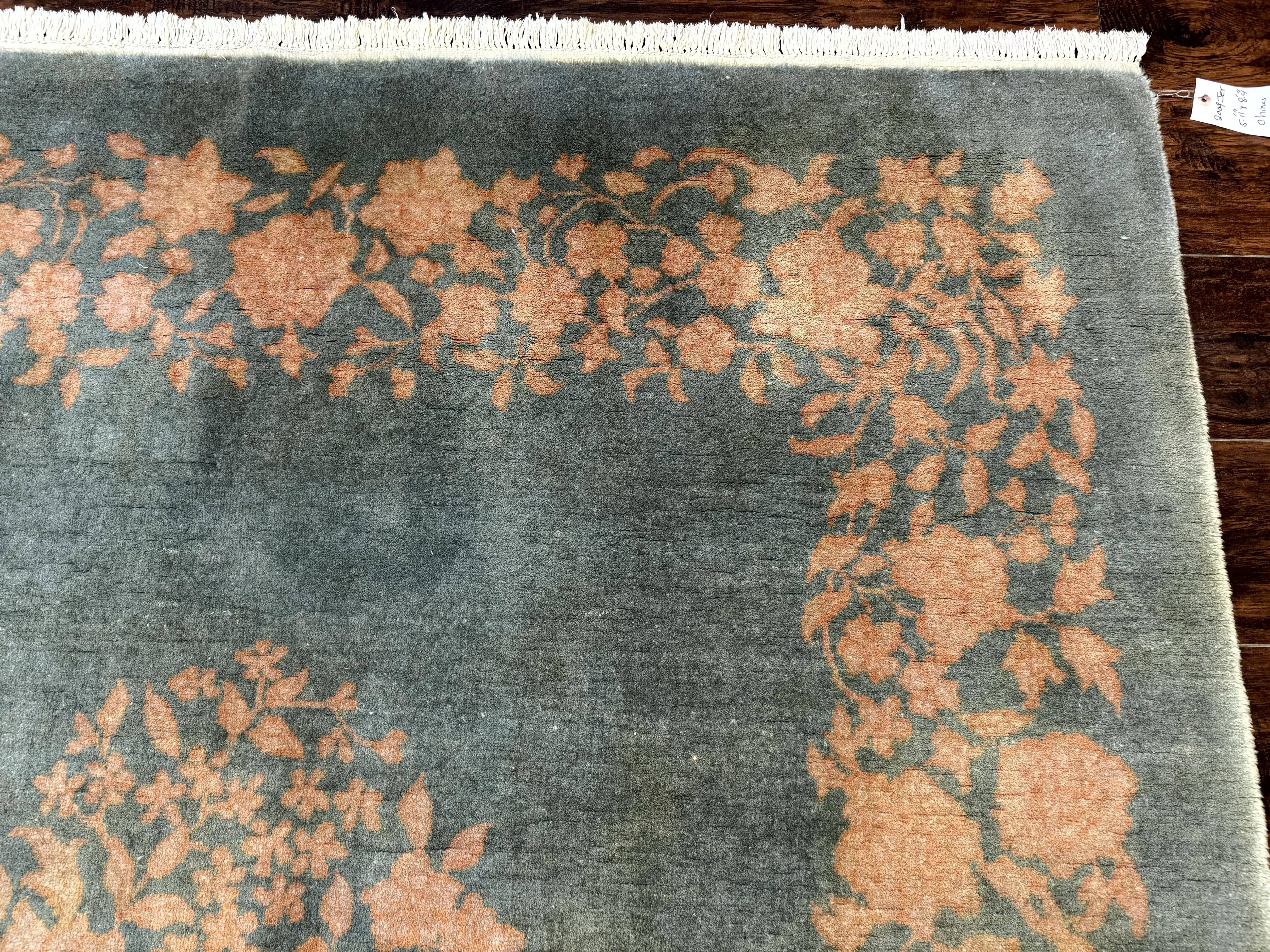 Teal Chinese Wool Rug 6x8, Vintage Handmade Carpet, Floral, Semi Open Field - Jewel Rugs