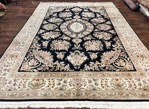 Sino Persian Rug 9x12, Wool Hand Knotted Floral Medallion Vintage Carpet, Black & Cream Oriental Rug, Fine Room Sized Rug