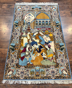 Persian Isfahan Pictoral Rug 3x6, Kork Wool on Silk Foundation, Handmade Vintage Carpet, 550 KPSI Super Fine, Lovers Palace Instruments