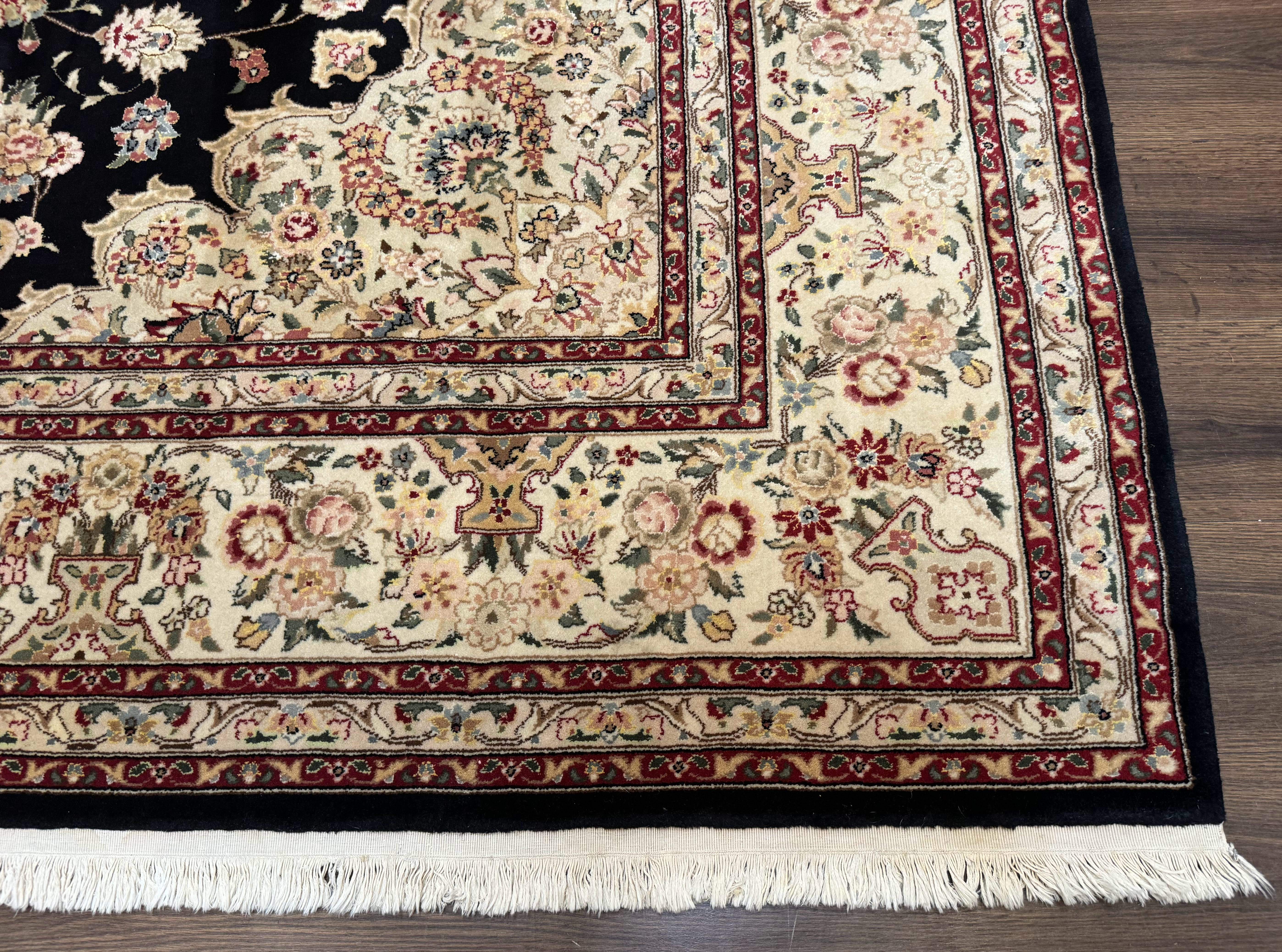 Sino Persian Rug 9x12, Black and Beige, Floral Medallion, Wool & Silk, Handmade - Jewel Rugs