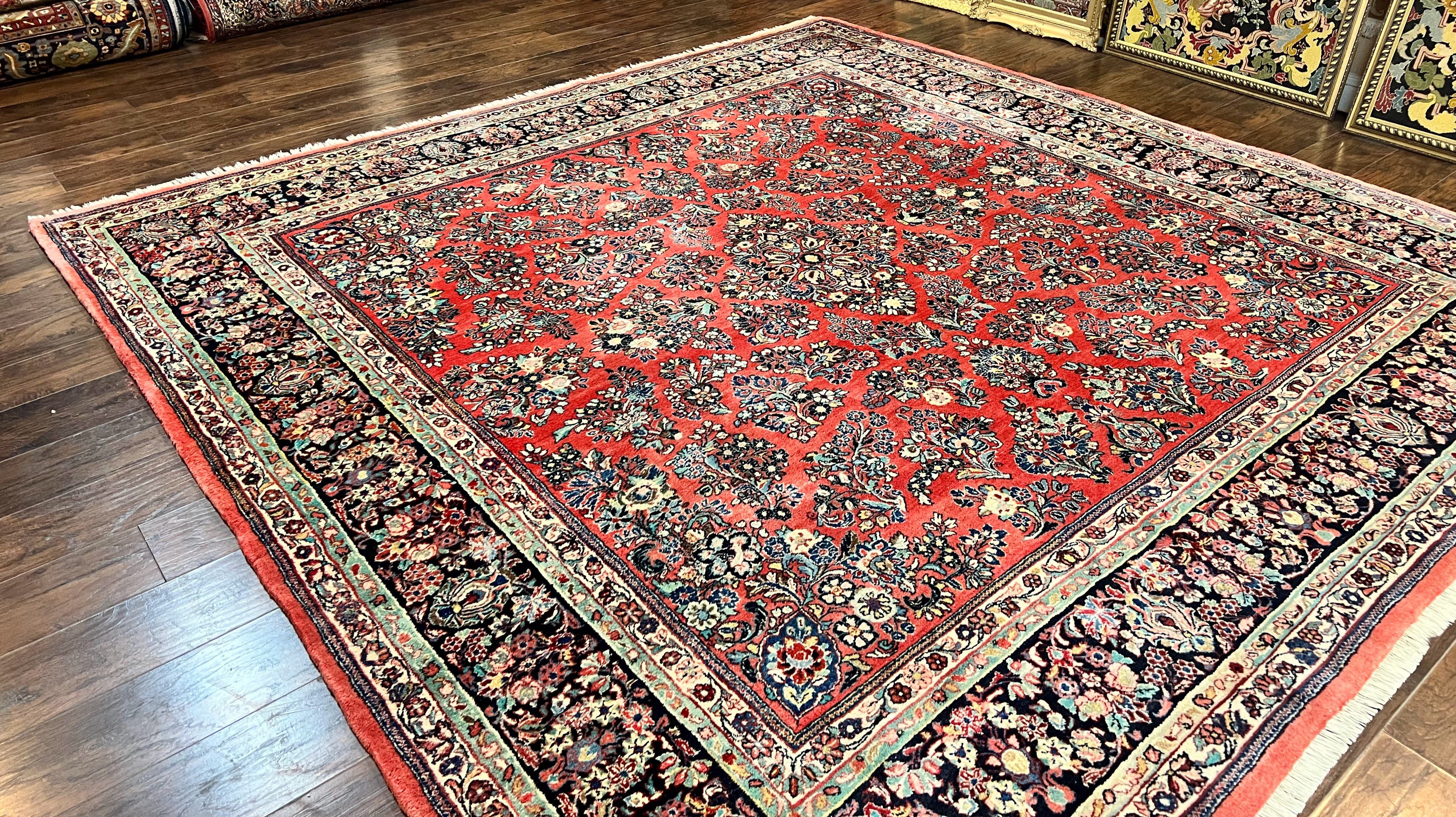 Square Persian Sarouk Rug 11x11 ft, Rare Size, Hand Knotted Wool Floral Allover Red Persian Carpet, Handmade Antique Rug - Jewel Rugs
