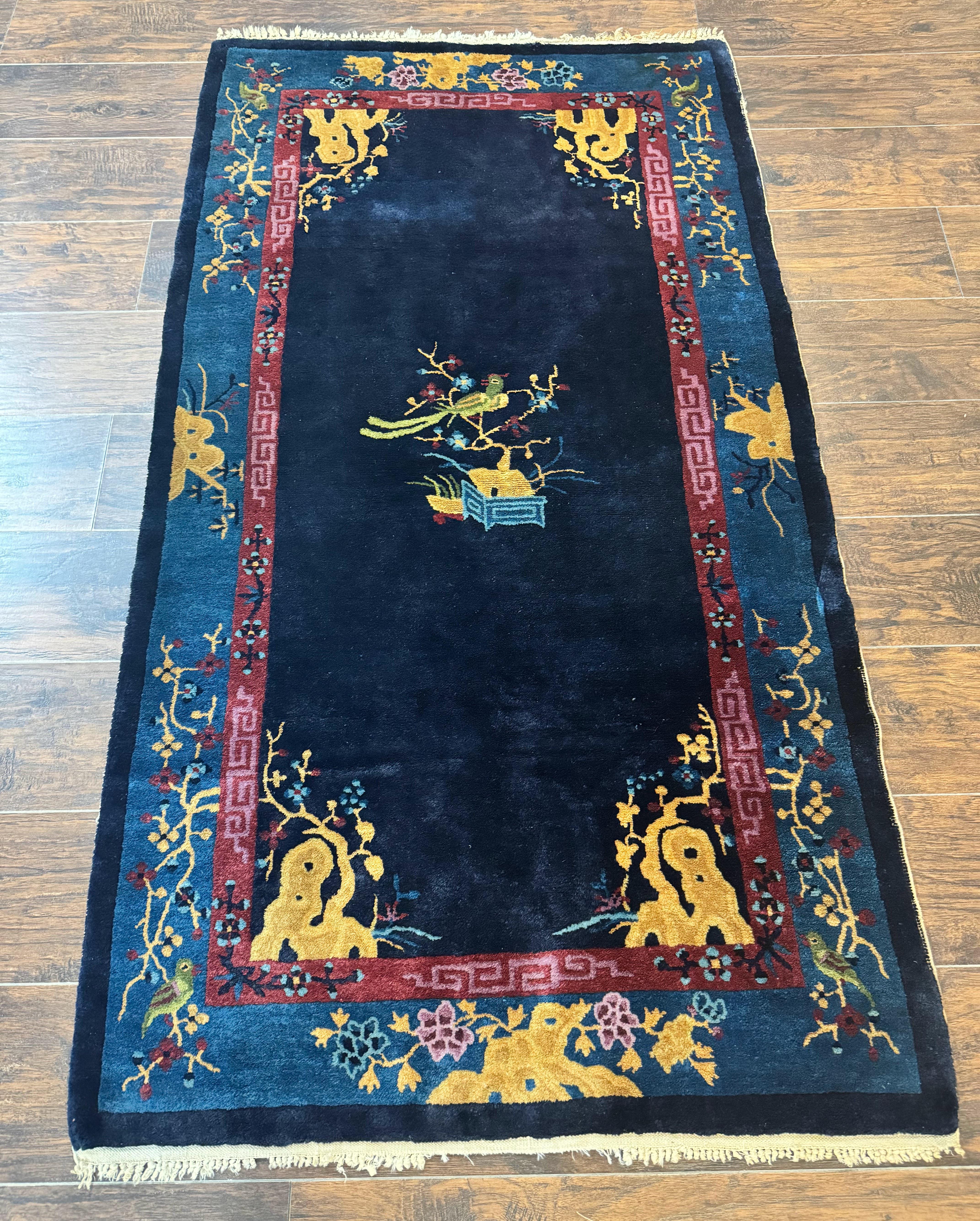 Antique Chinese Peking Rug 3x6, Dark Blue, Bird Motif, Handmade Wool Art Deco Asian Oriental Carpet, Pair B - Jewel Rugs