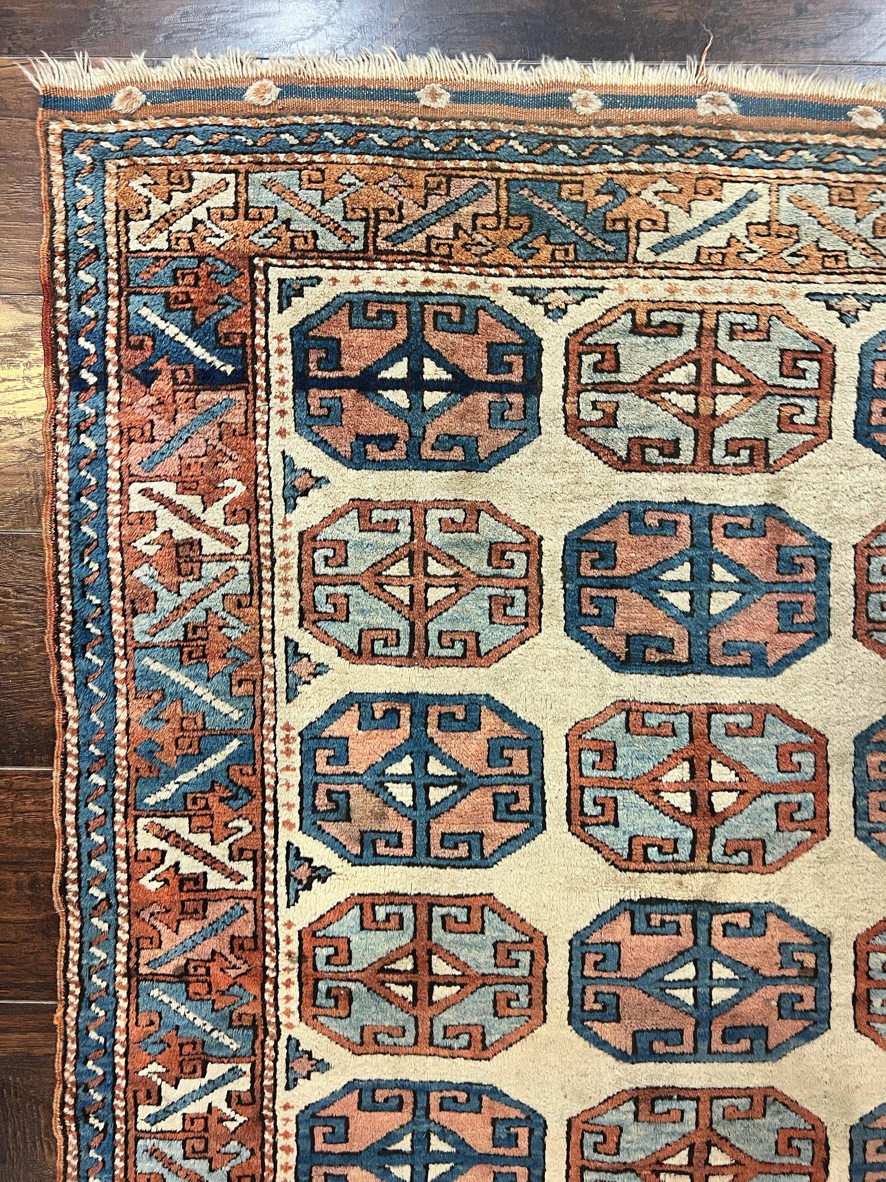 Turkish Kazak Rug 3x4, Wool Hand Knotted Handmade Vintage Carpet, Geometric Tribal Repeated Motif, Small 3 x 4 Antique Rug, Cream Red - Jewel Rugs