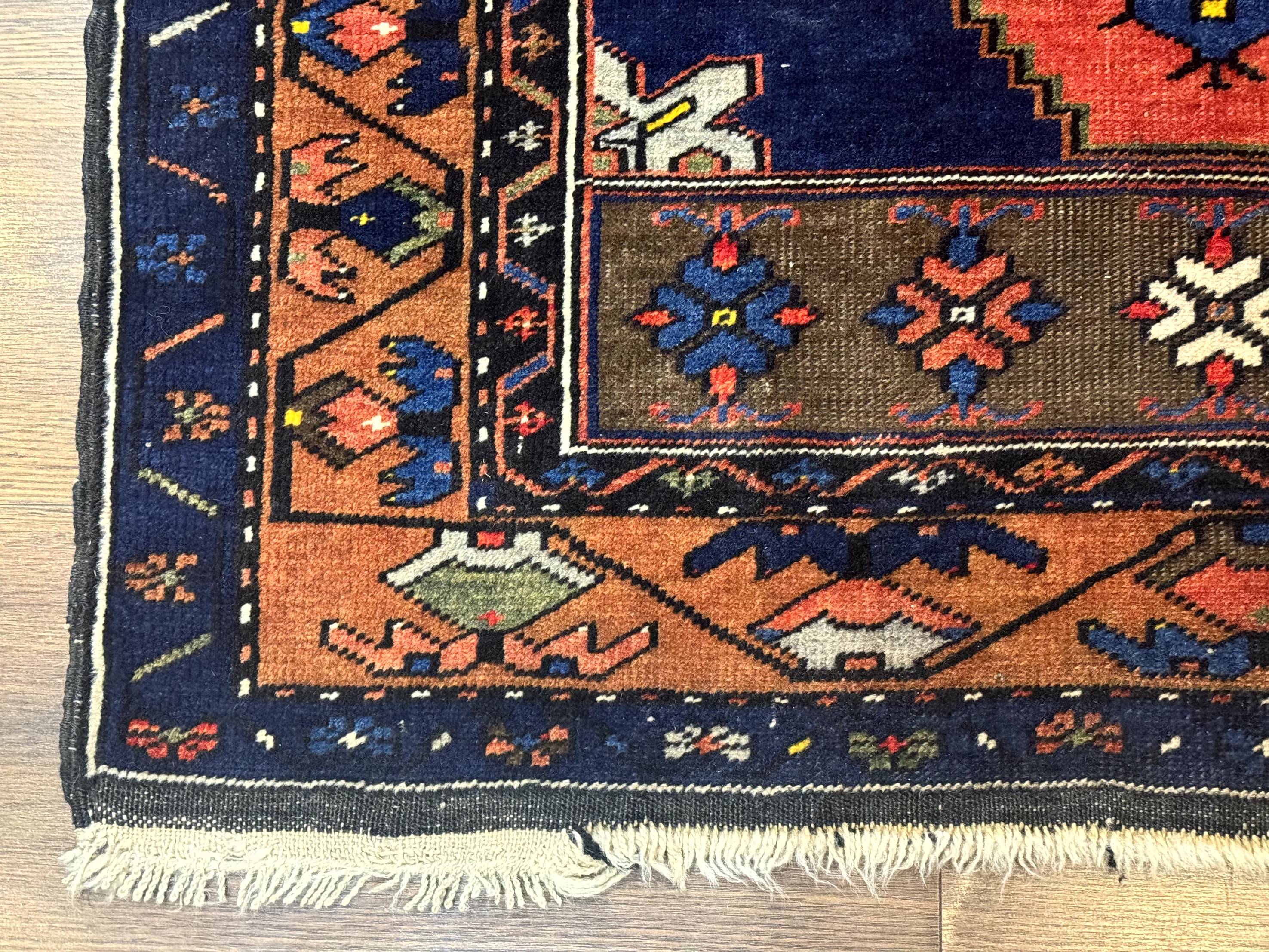 Persian Rug 3x6, Geometric Medallion, Village Tribal Rug, Terracotta and Navy Blue, Antique Nahavand Hamadan Rug - Jewel Rugs