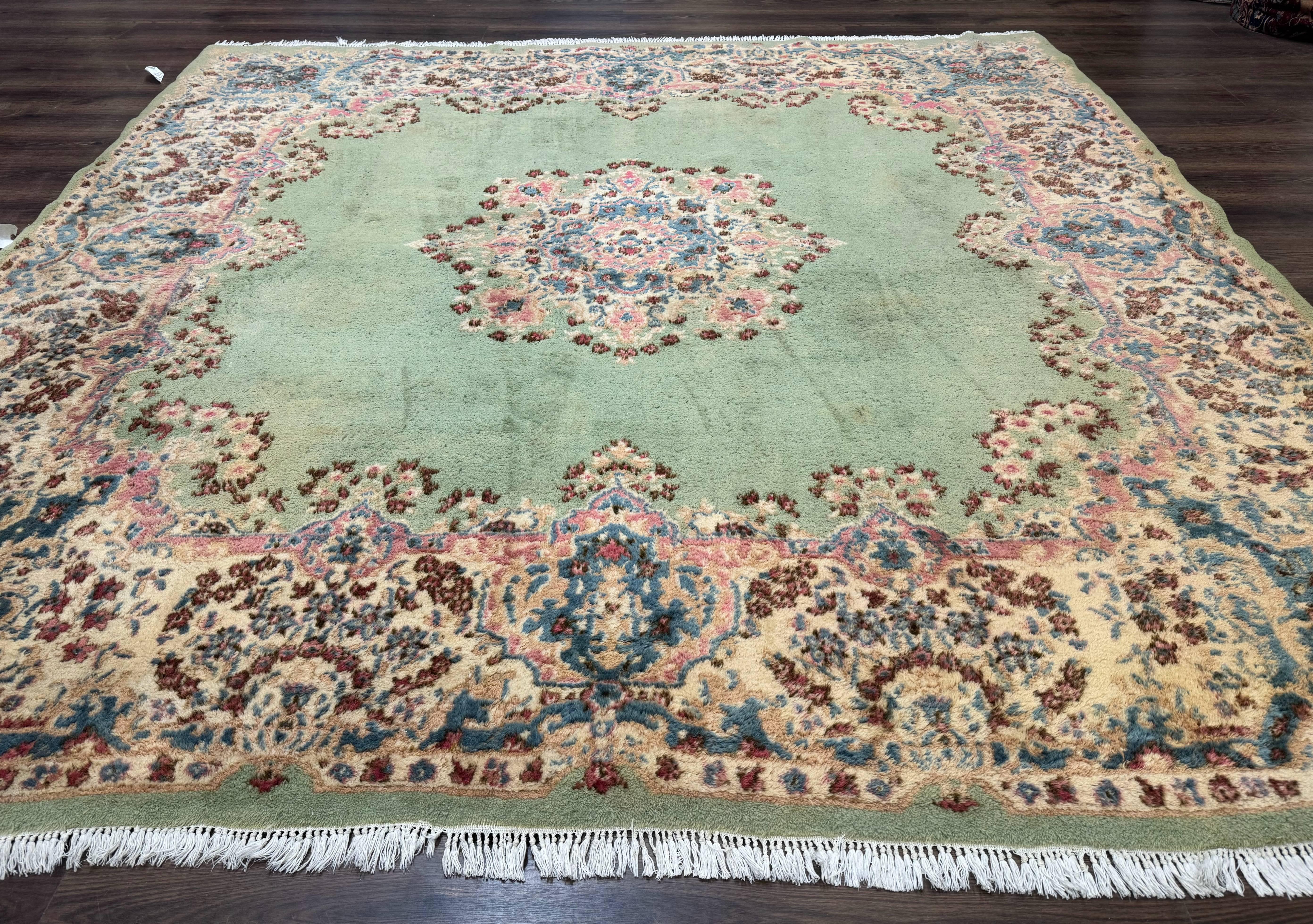 Green Persian Rug 10x10, Large Square Persian Carpet, Wool Rug, Open Field, Green and Beige Rug, Kerman Rug - Jewel Rugs