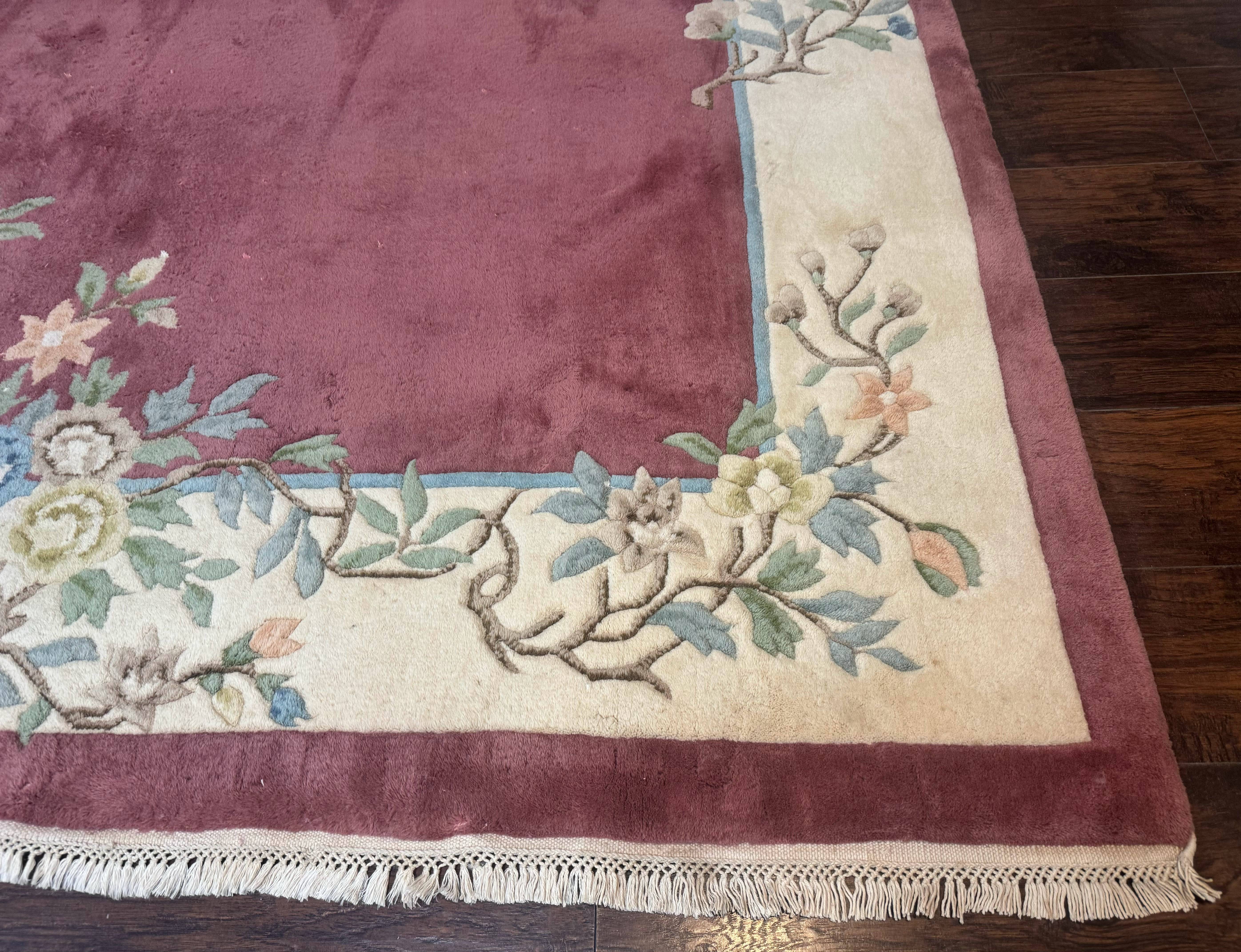 Indo Chinese Art Deco Rug 9x12, Pink and Ivory, Open Filed, Floral, Wool - Jewel Rugs