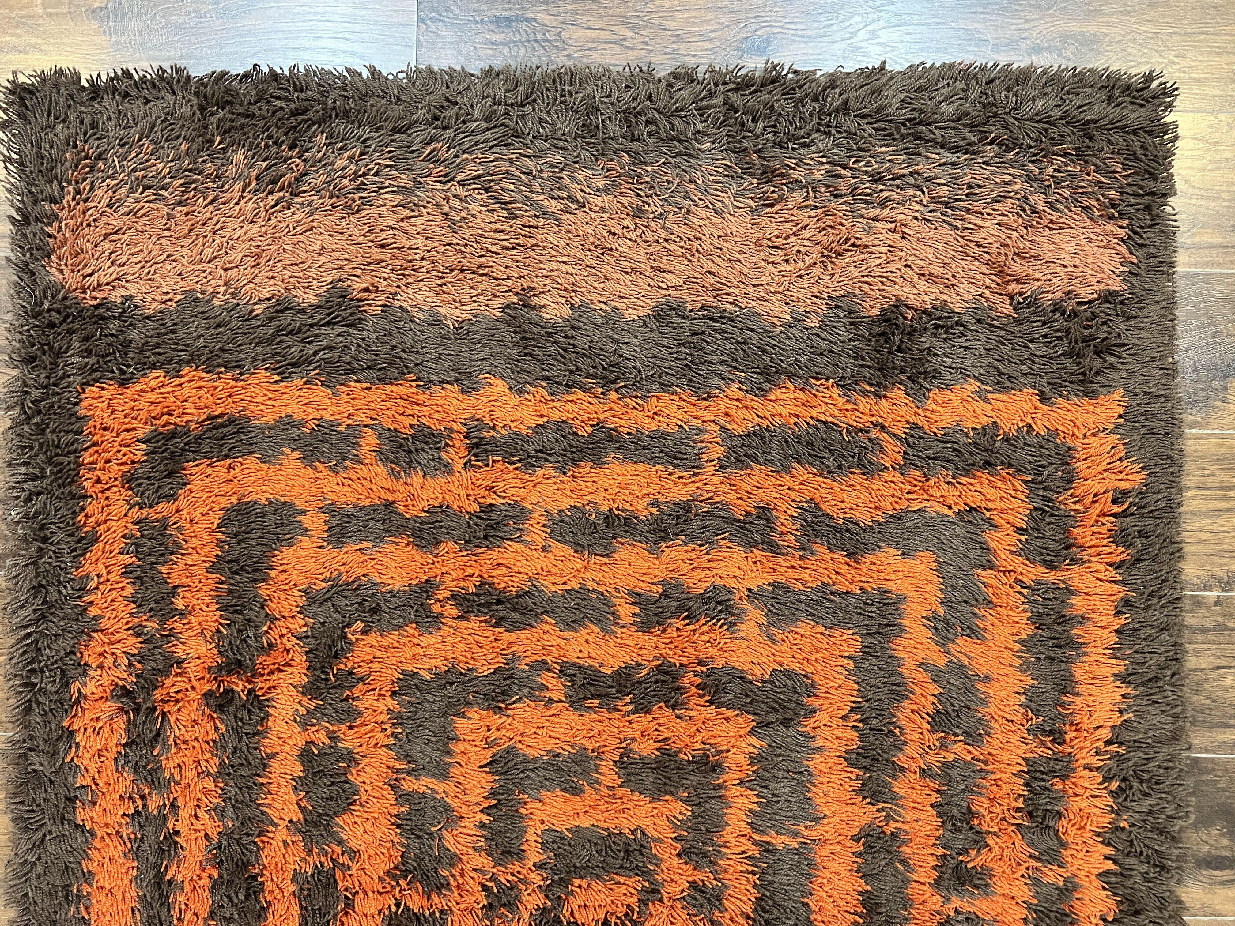 Vintage Rya Shag Rug 4.6 x 6.6, Abstract Design, Brown and Orange, Mid Century Danish Rya Carpet - Jewel Rugs